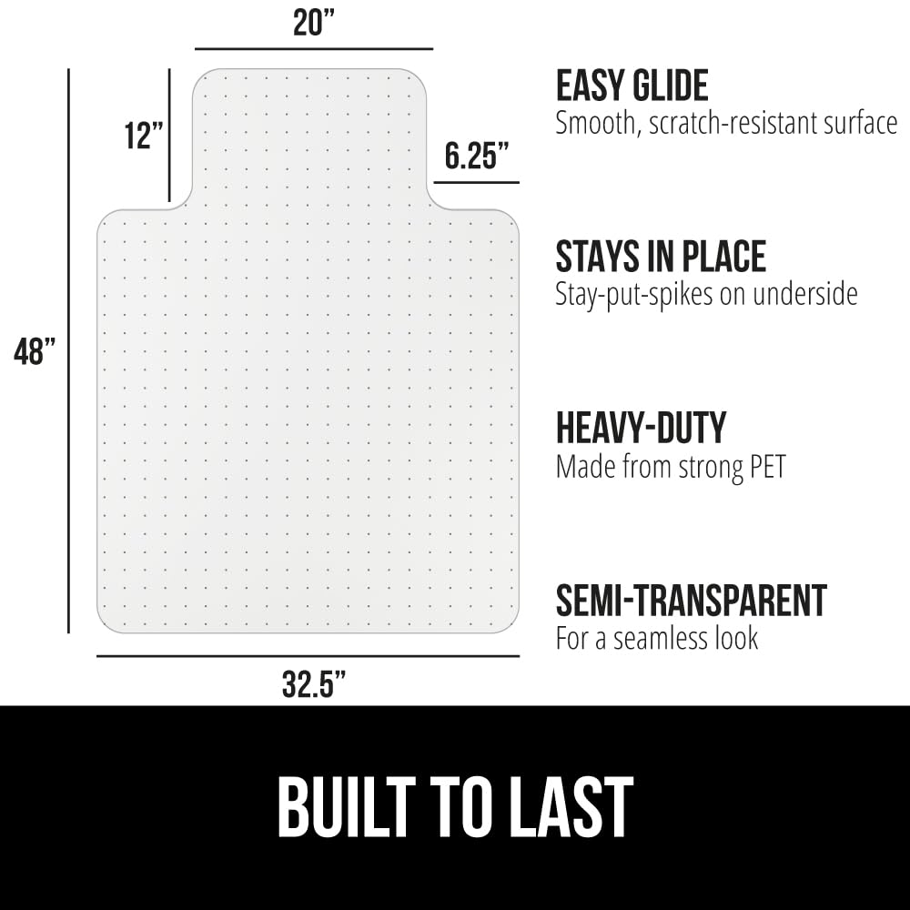 GORILLA GRIP Slip Resistant Clear Office Chair Mat for Carpet Floors, 36x48 Smooth Rolling Glide Under Desk, Heavy Duty Plastic Computer Mats and Carpeted Floor Protector, Work and Gaming Chairs