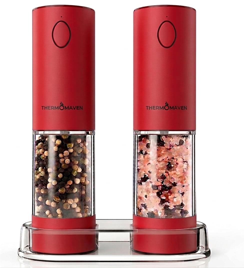 ThermoMaven Upgraded Larger Capacity Electric Salt and Pepper Grinder Set, 110ml Rechargeable Salt and Pepper Shaker with LED Light, Stainless Steel Automatic Pepper Mill with 6 Adjustable Coarseness