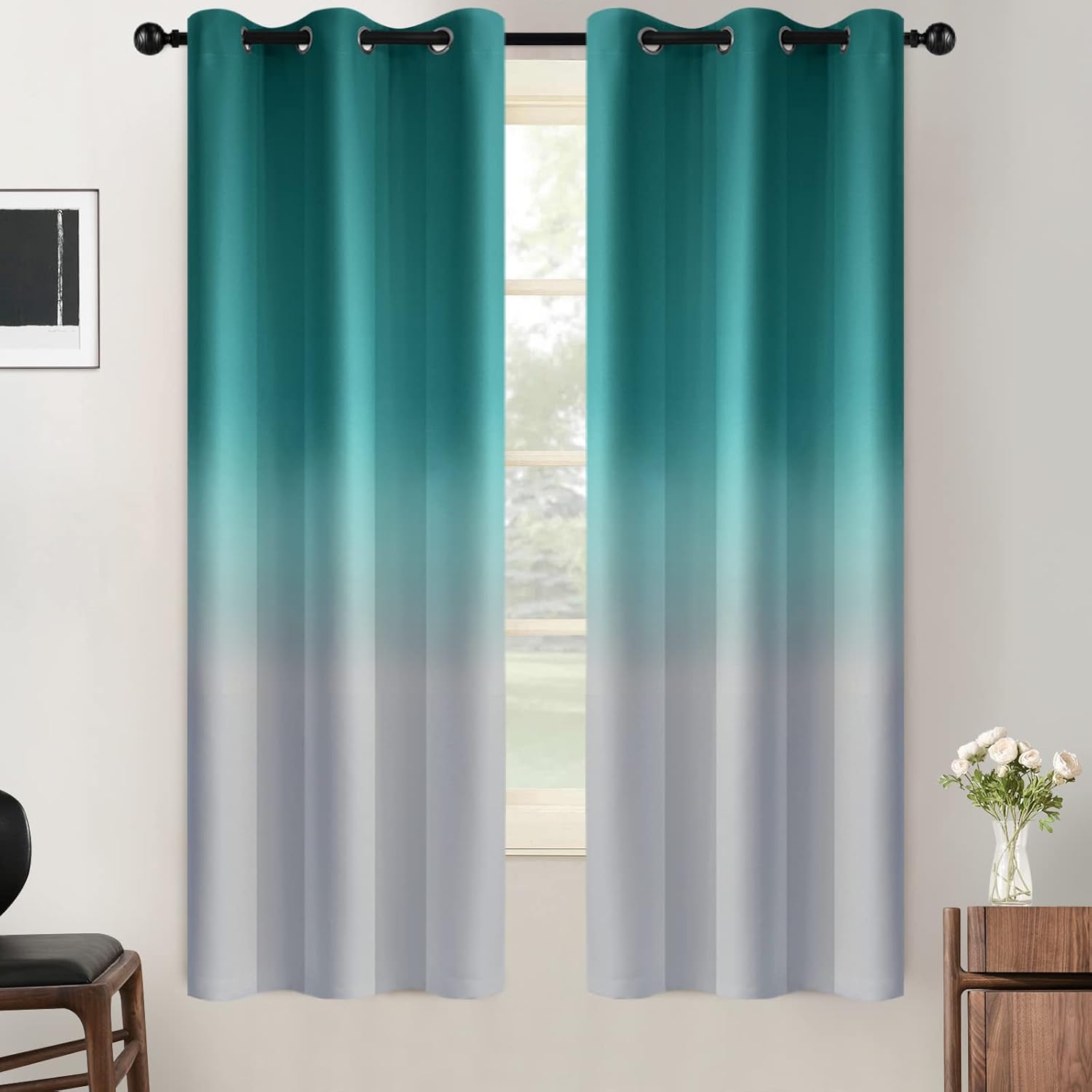 SimpleHome Ombre Room Darkening Curtains for Bedroom, Gradient Black to Grey White Light Blocking Thermal Insulated Grommet Window Curtain/Drapes for Living Room,2 Panels, 52x84 inches Length