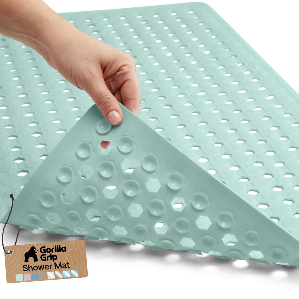 GORILLA GRIP Patented Bath Tub Shower Mat, Machine Washable Bathtub Floor Liner Mats, Suction Cups and Drain Holes to Keep Tubs Clean, Soft on Feet, Bathroom Essentials, 35x16 Inch, Clear