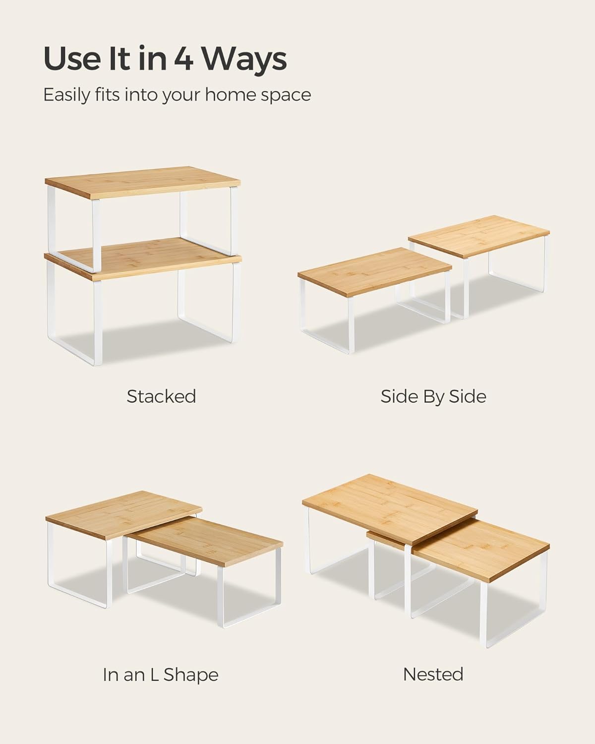 SONGMICS Cabinet Organizer Shelf, Set of 4 Kitchen Counter Shelves, Kitchen Storage, Spice Rack, Stackable, Expandable, Metal and Engineered Wood, Cloud White and Natural Beige UKCS010N01