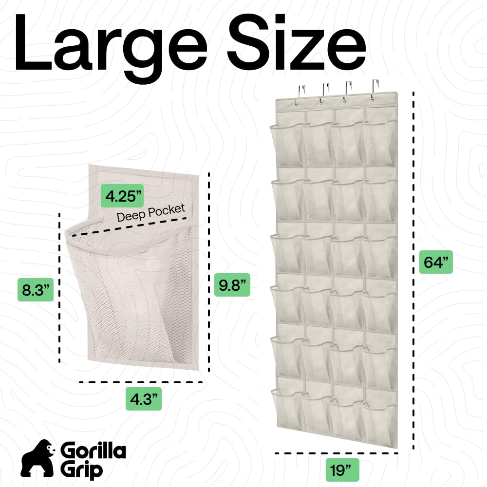 GORILLA GRIP Over the Door Shoe Organizer, 24 Large Breathable Mesh Pockets, Space Saving Hanging Storage Holder, Closet Rack Hanger Holds Up to 40 lbs, Hangs on Closets for Shoes, Accessories, Black