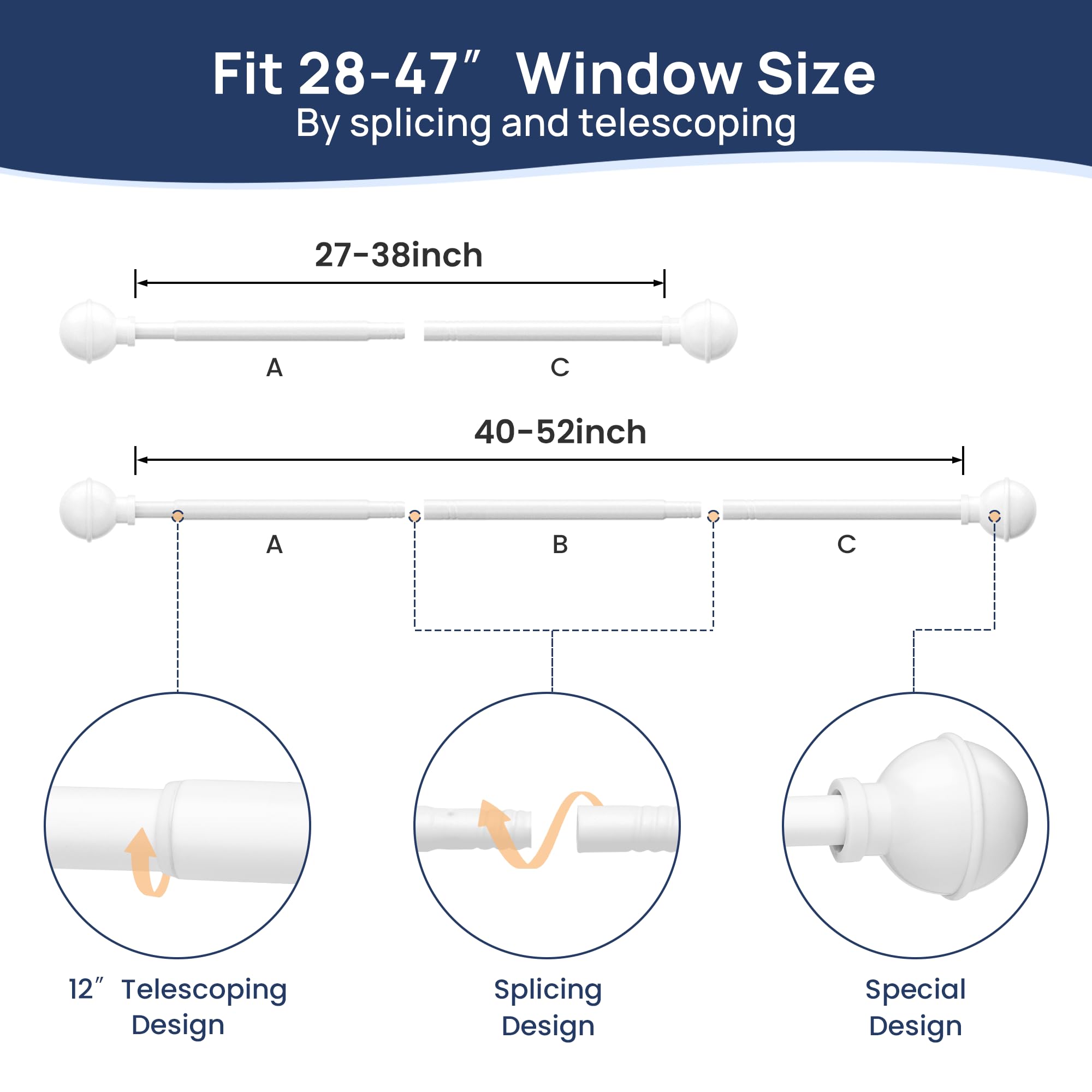 ENJOYBASICS No Drill Curtain Rods for Window 28 to 47 Inches, 5/8 Inch Diameter Renter Friendly Drapery Rod with Adhesive Brackets without Drilling, Adjustable from 27 to 52 Inches, Black