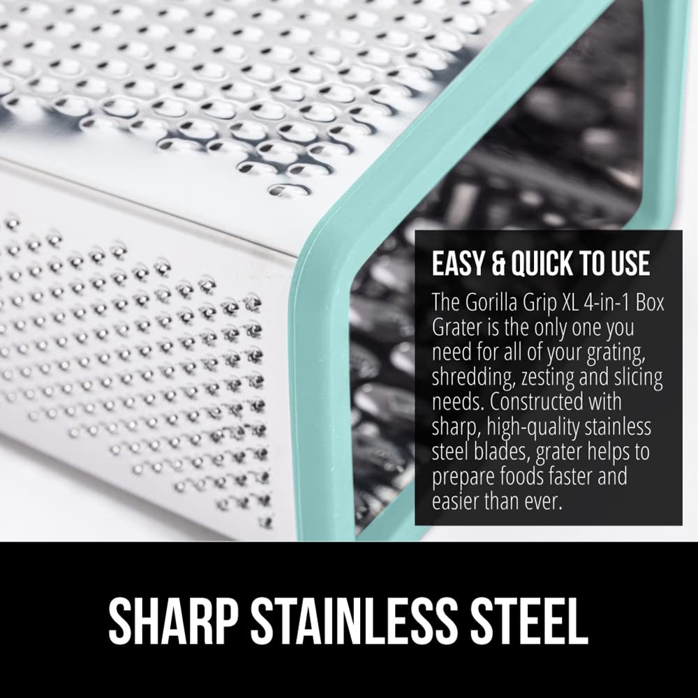 GORILLA GRIP 4-Sided Stainless Steel Cheese Grater With Container, 100% BPA-Free Box Grater, Slip Resistant Base and Handle, Grate Parmesan, Hard Cheeses, Shred Vegetables, Dishwasher Safe, Black