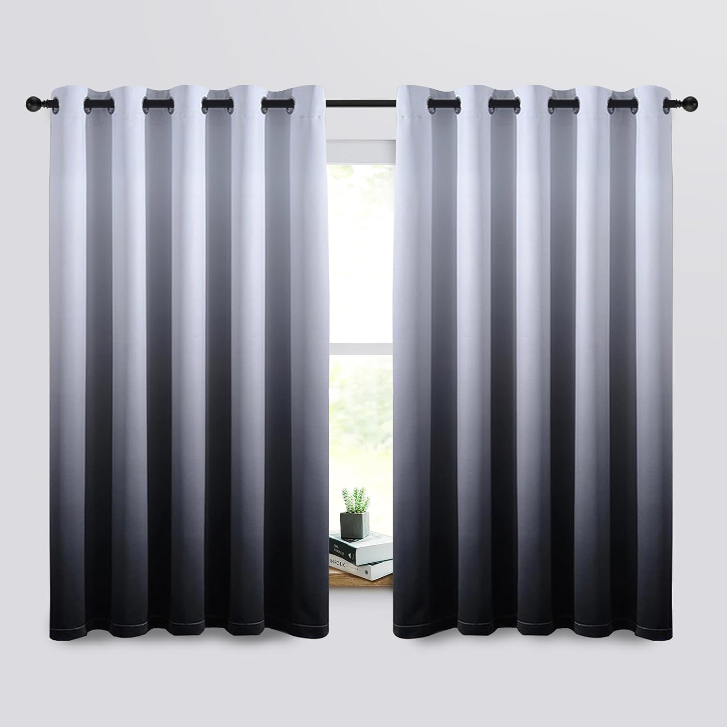 SimpleHome Ombre Room Darkening Curtains for Bedroom, Gradient Black to Grey White Light Blocking Thermal Insulated Grommet Window Curtain/Drapes for Living Room,2 Panels, 52x84 inches Length