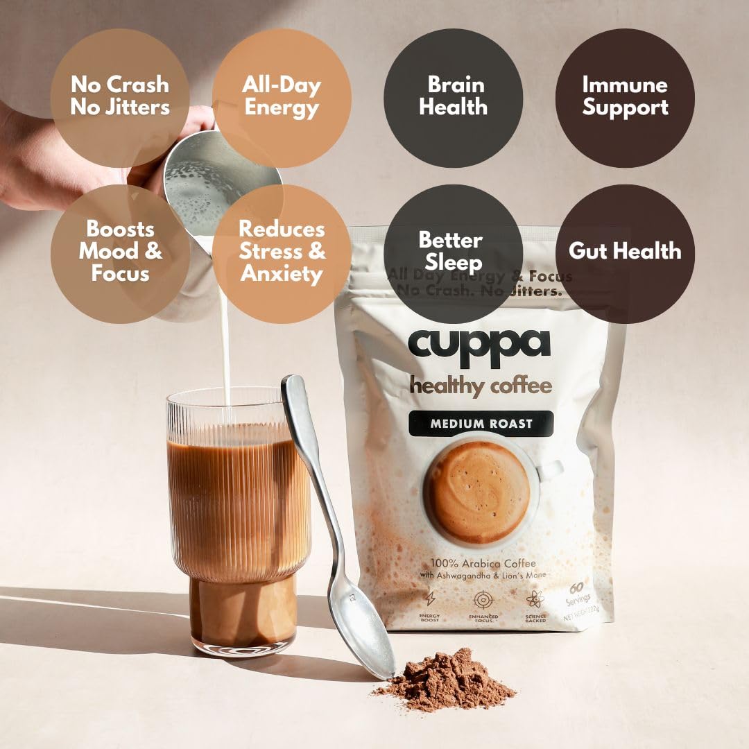 Cuppa Medium Roast Mushroom Coffee with Adaptogens & Superfoods - Lion’s Mane, Ashwagandha & Cordyceps. Adaptogens + MCT to support natural energy, mental focus & gut health (30 Servings)