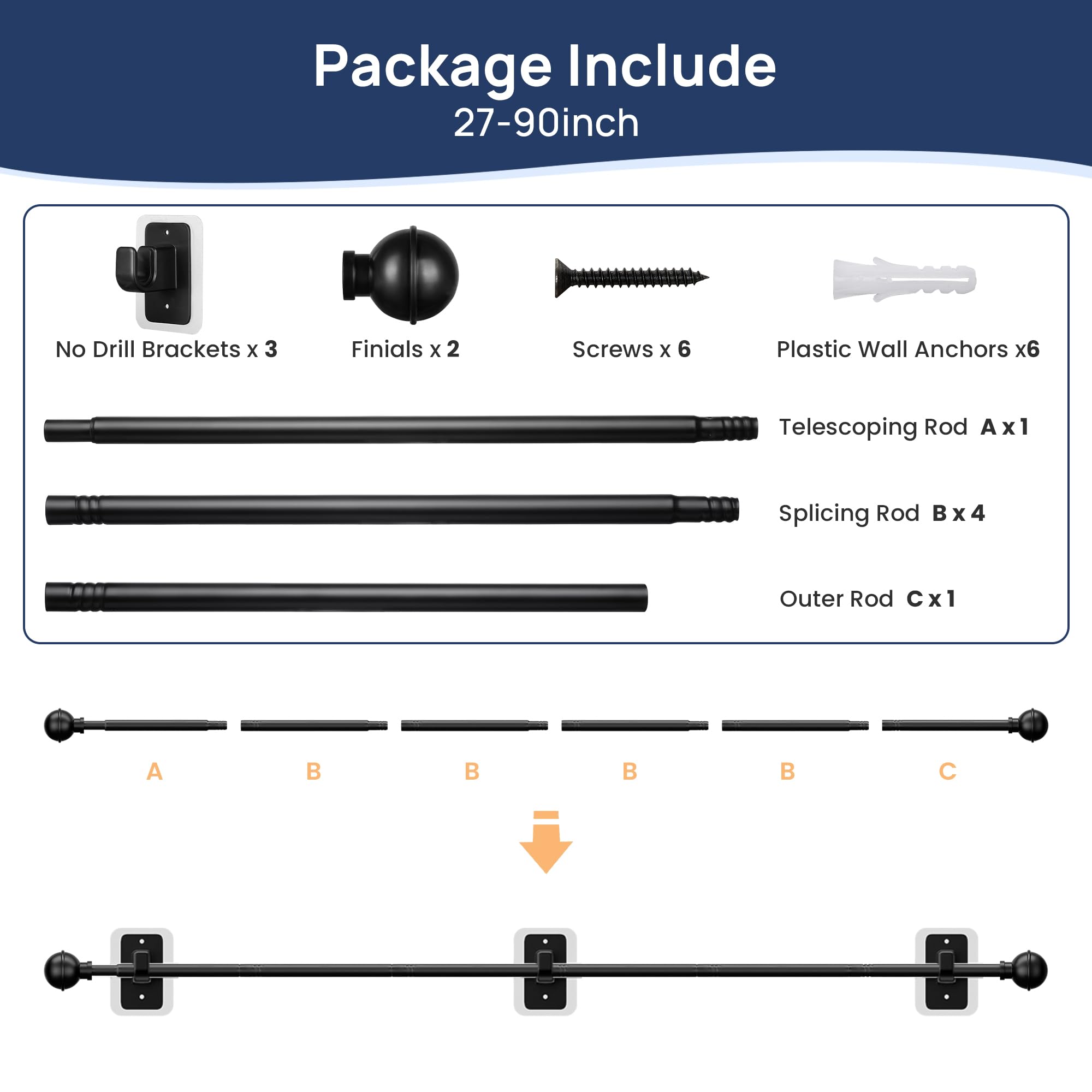 ENJOYBASICS No Drill Curtain Rods for Window 28 to 47 Inches, 5/8 Inch Diameter Renter Friendly Drapery Rod with Adhesive Brackets without Drilling, Adjustable from 27 to 52 Inches, Black