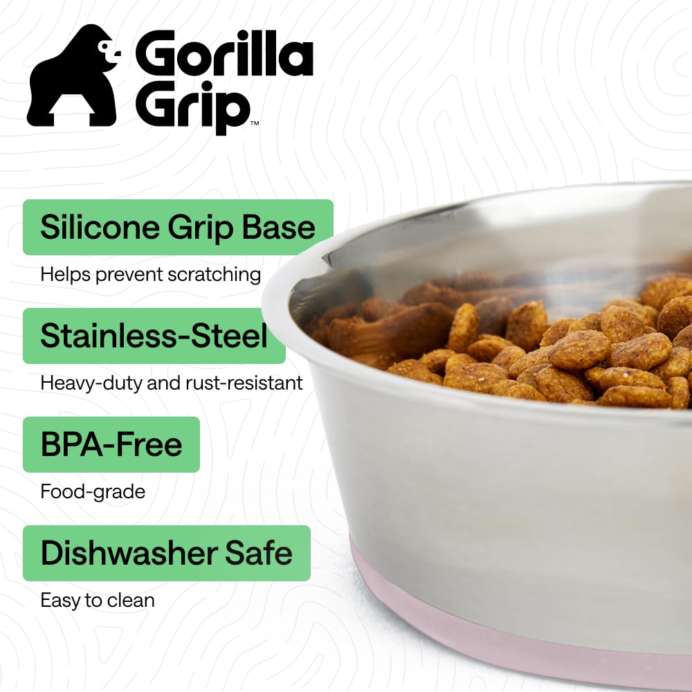 GORILLA GRIP Dog Bowls, Heavy Duty 304 Stainless Steel, Holds 2 Cups Each (16 fl oz) Food and Water Bowl for Feeding Dogs and Cats, Dishwasher Safe, Rust Resistant, BPA Free Rubber Base Set of 2 Black