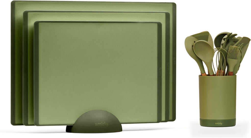 SMIRLY Green Bundle: 22 pcs Acacia Handle Silicone Cooking Utensil Set + Plastic Cutting Board