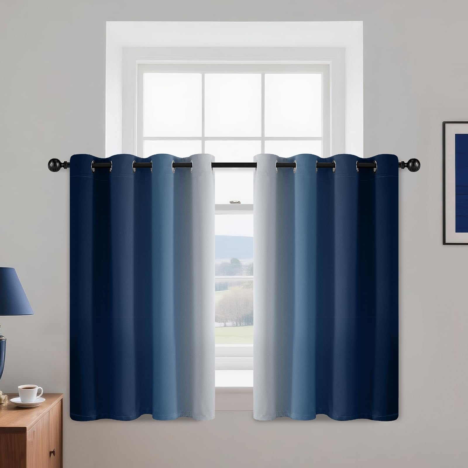 Yakamok Blue and Greyish White Ombre Curtains, Room Darkening Gradient Color Curtains for Bedroom, Light Blocking Thermal Insulated Window Drapes for Living Room(2 Panels, 52x84 Inch)