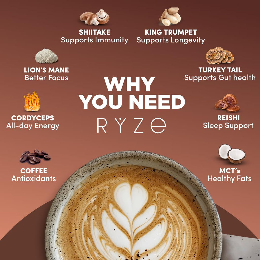 RYZE SUPERFOODS Mushroom Dark Roast Coffee (30 Servings) + Mushroom Overnight Oats (7 Servings), USDA Organic with 6 Adaptogenic Mushrooms
