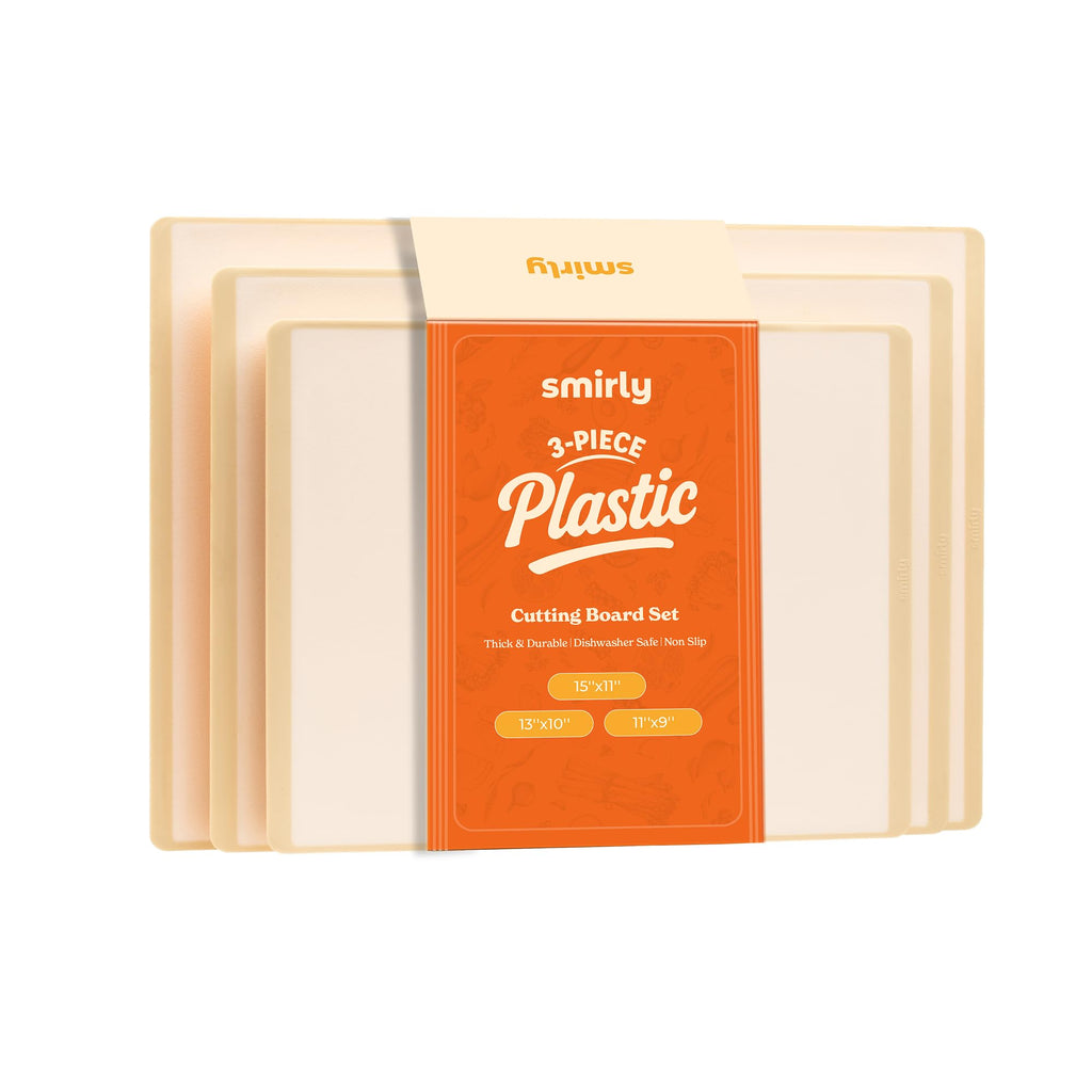 SMIRLY Plastic Cutting Board Set 3 Pieces, Non-Slip Dishwasher Safe Chopping Boards for Kitchen, Cream White