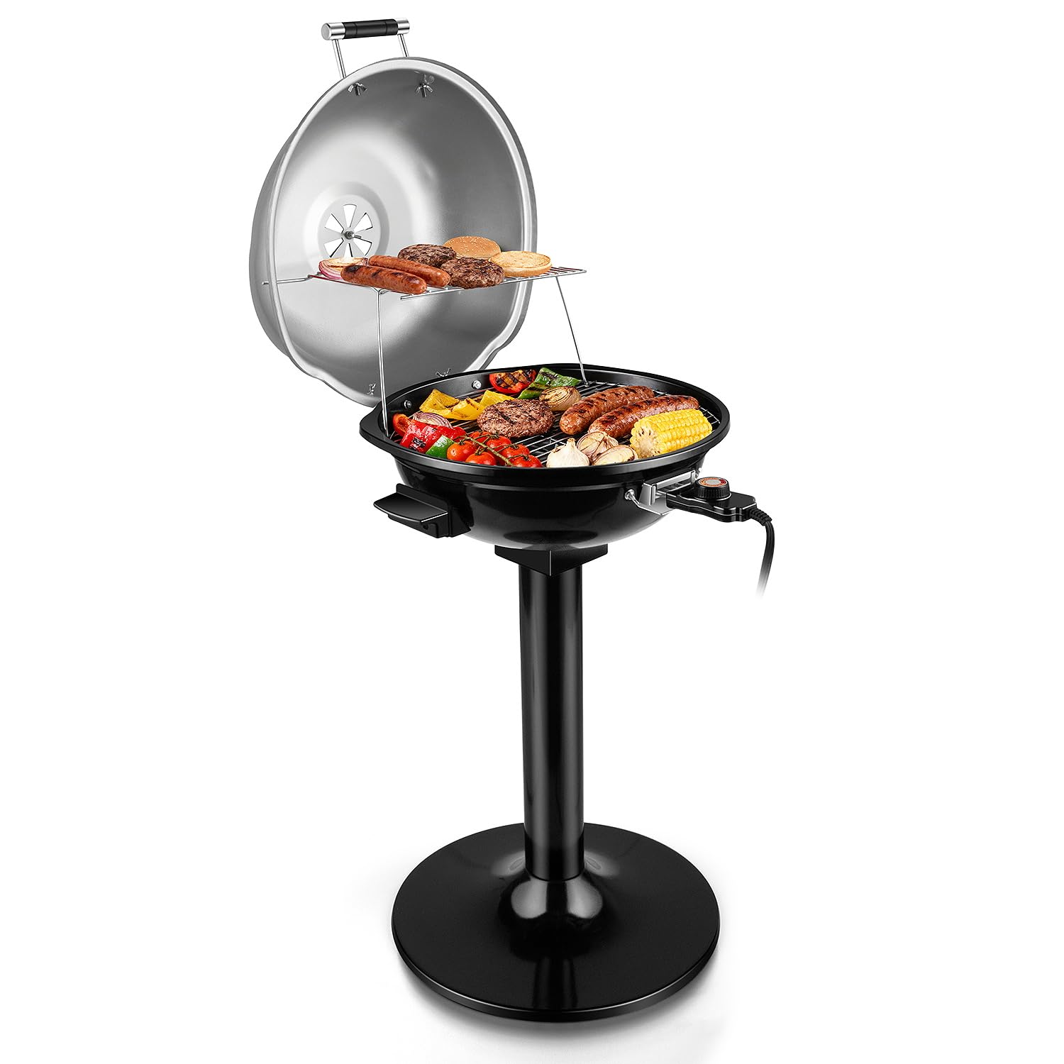 Electric Grill, Techwood Indoor/Outdoor Electric BBQ Grill, 1600W Portable Removable Stand Grill with Adjustable Heat & Drip Tray, Double Layer Design for Party, Patio & Backyard (Black)