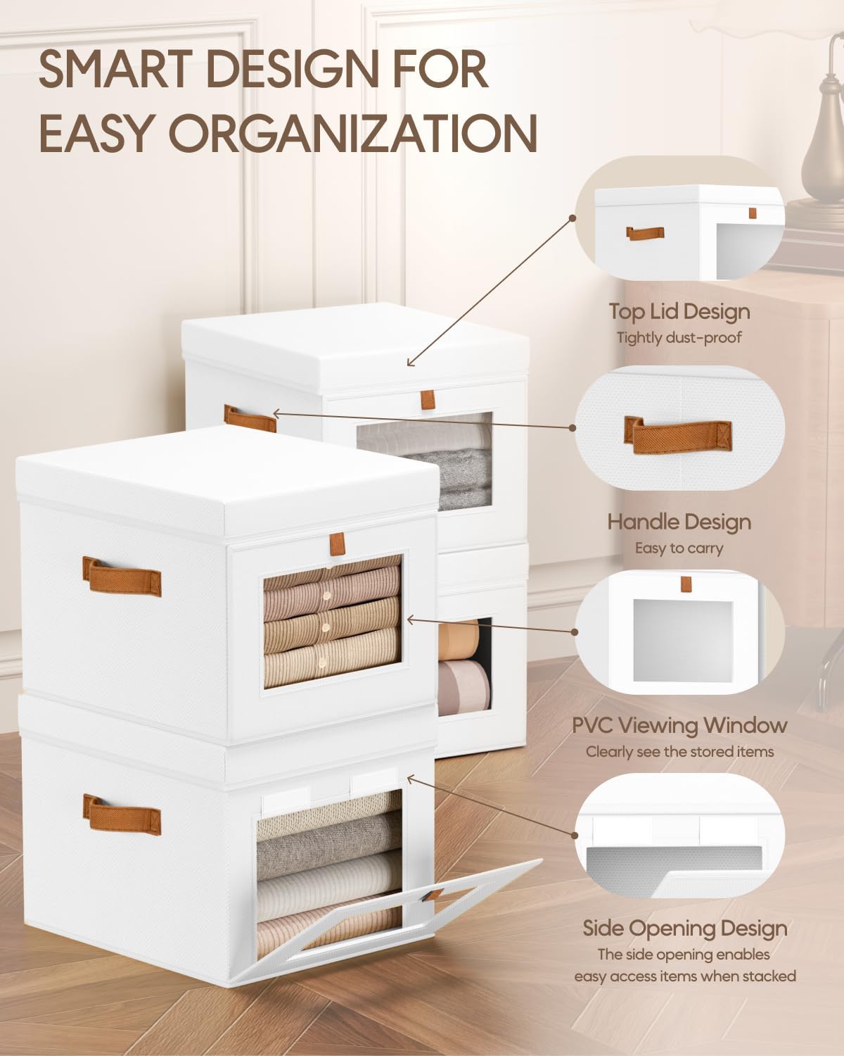 Homsorout Collapsible Storage Bins with Lids - Beige & White, Stackable Storage Containers with Window, Fabric Organizing Bins for Closet, Home & Office Organization Baskets