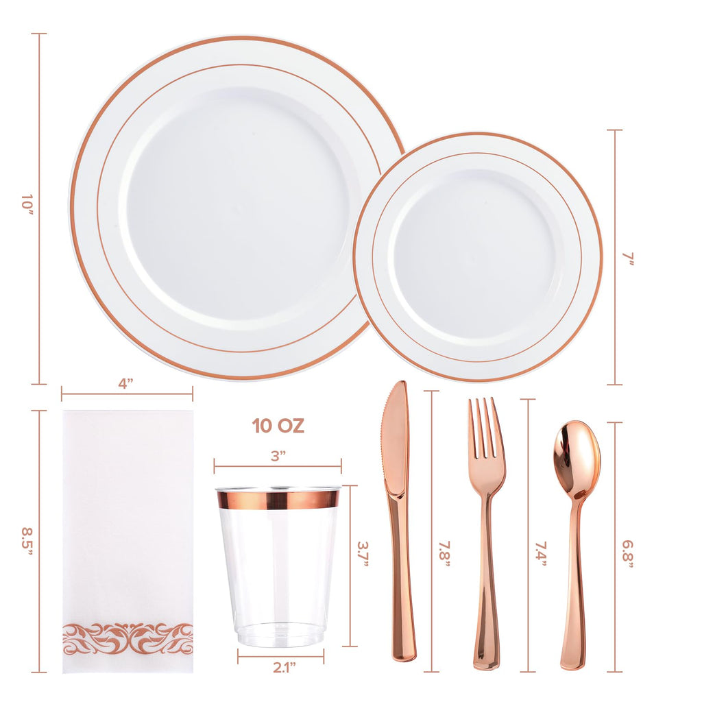 FOCUSLINE 350 Ct Disposable Dinnerware Set for 50 Guests -Heavy Duty Plastic Plates with Gold Rim, Includes 50 Dinner & Salad Plates, Cups, Napkins, Cutlery Set