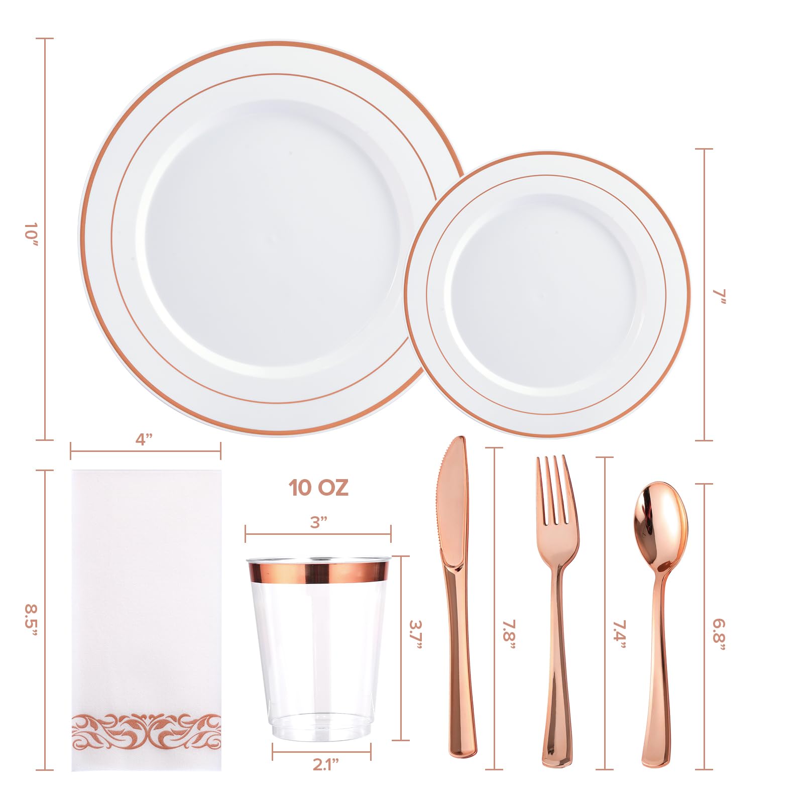 FOCUSLINE 350 Ct Disposable Dinnerware Set for 50 Guests -Heavy Duty Plastic Plates with Gold Rim, Includes 50 Dinner & Salad Plates, Cups, Napkins, Cutlery Set