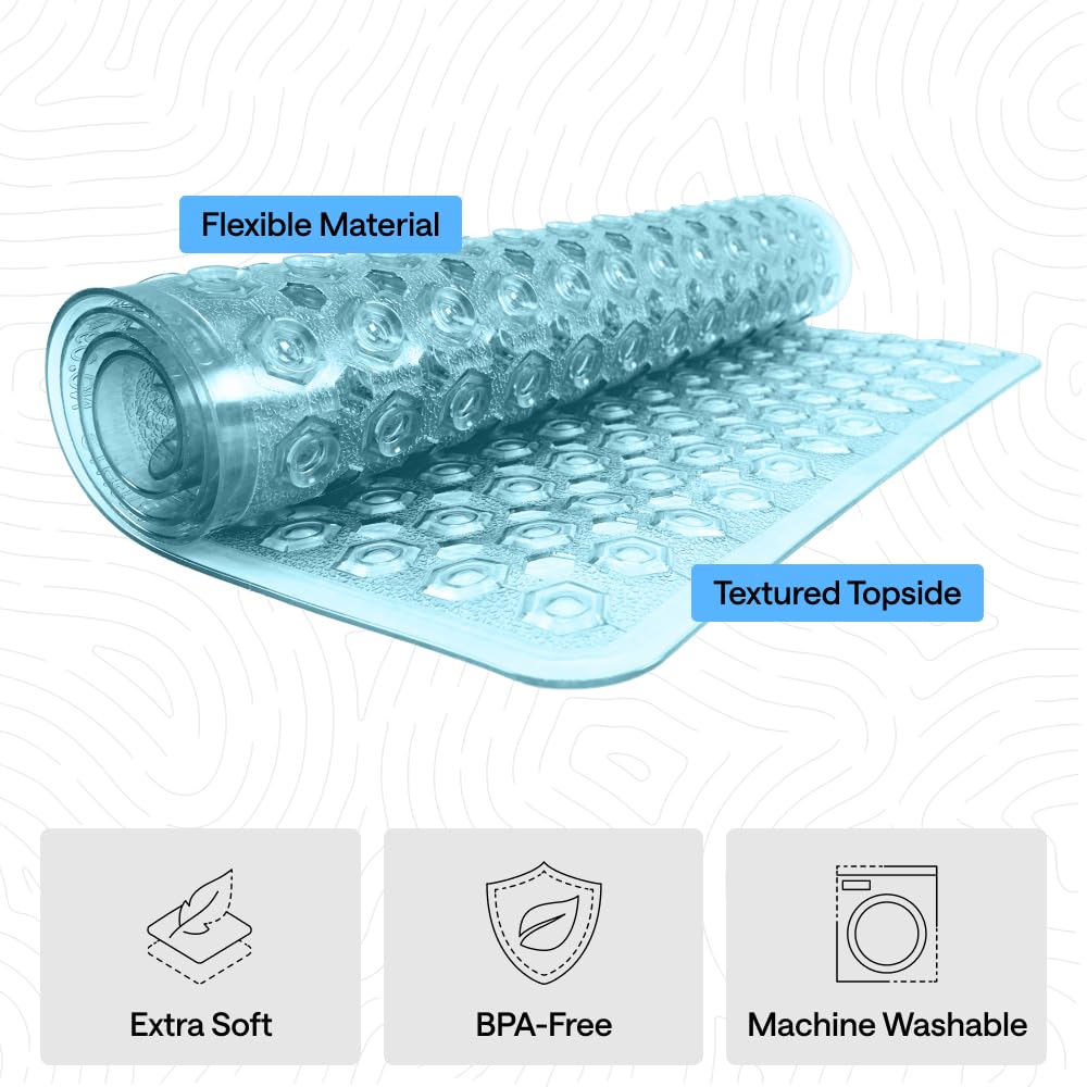 GORILLA GRIP Patented Bath Tub Shower Mat, Machine Washable Bathtub Floor Liner Mats, Suction Cups and Drain Holes to Keep Tubs Clean, Soft on Feet, Bathroom Essentials, 35x16 Inch, Clear