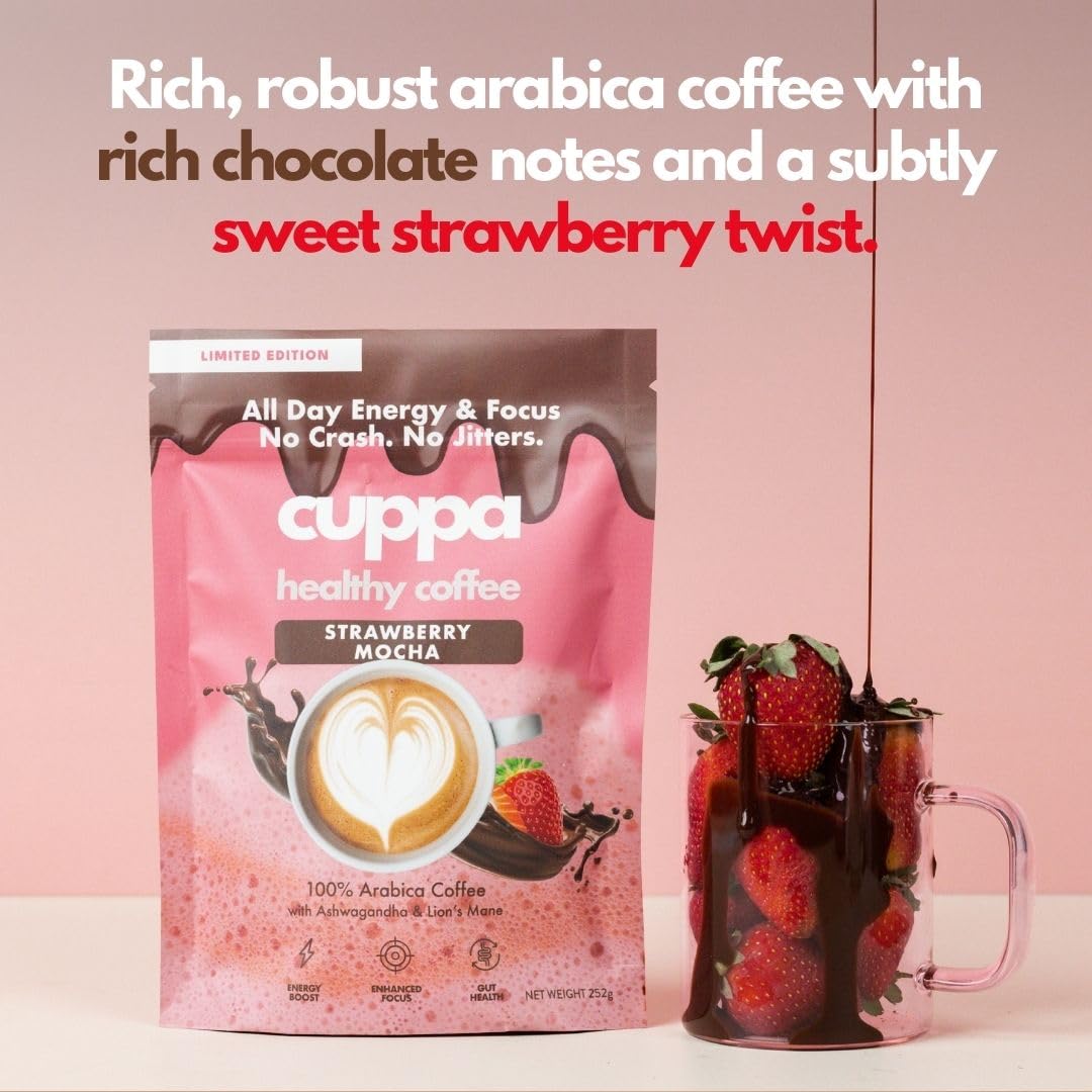 Cuppa Medium Roast Mushroom Coffee with Adaptogens & Superfoods - Lion’s Mane, Ashwagandha & Cordyceps. Adaptogens + MCT to support natural energy, mental focus & gut health (30 Servings)
