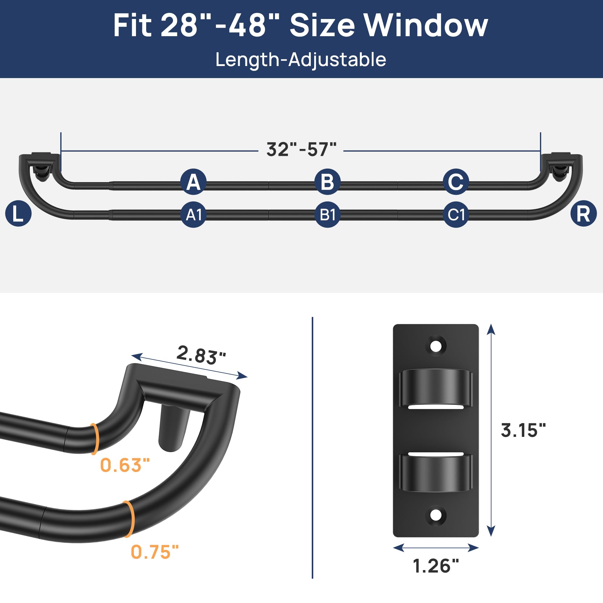 ENJOYBASICS Double Curtain Rod，Blackout Wrap-Around Curtain Rods for Windows 72 to 144 Inch，Adjustable from 32 to 144 Inch for Room Darkening Curtains, Matte Black