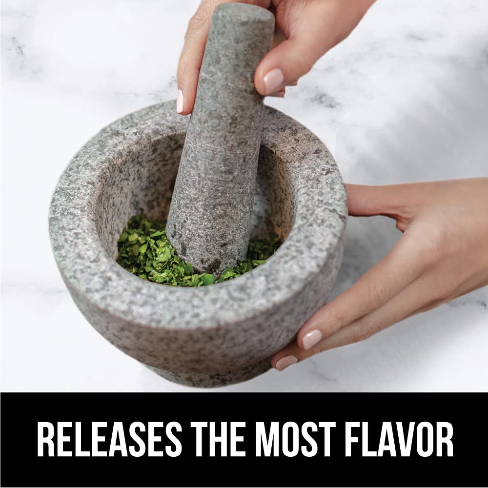 GORILLA GRIP Heavy Duty Mortar and Pestle Set with Slip Resistant Base, 100% Granite Stone Molcajete Guacamole Bowl, Grind Seeds, Garlic, Herb, Kitchen Muddler, Essentials for Chefs, 1.5 Cup Gray