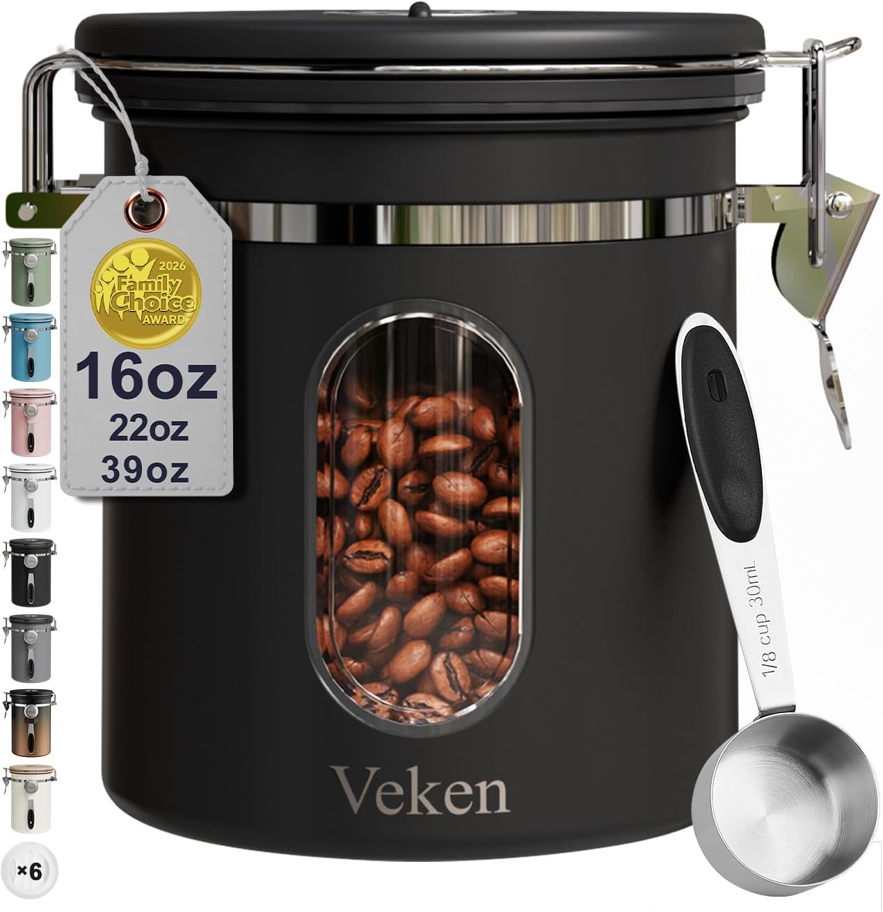 Veken Coffee Canister with Window,Airtight Stainless Steel Kitchen Food Storage Container, Date Tracker & Scoop for Grounds Coffee, Beans, Tea,Flour,Cereal,Sugar,22OZ,Copper