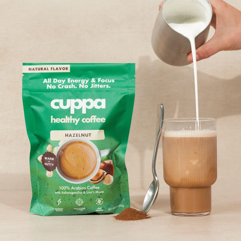 Cuppa Medium Roast Mushroom Coffee with Adaptogens & Superfoods - Lion’s Mane, Ashwagandha & Cordyceps. Adaptogens + MCT to support natural energy, mental focus & gut health (30 Servings)