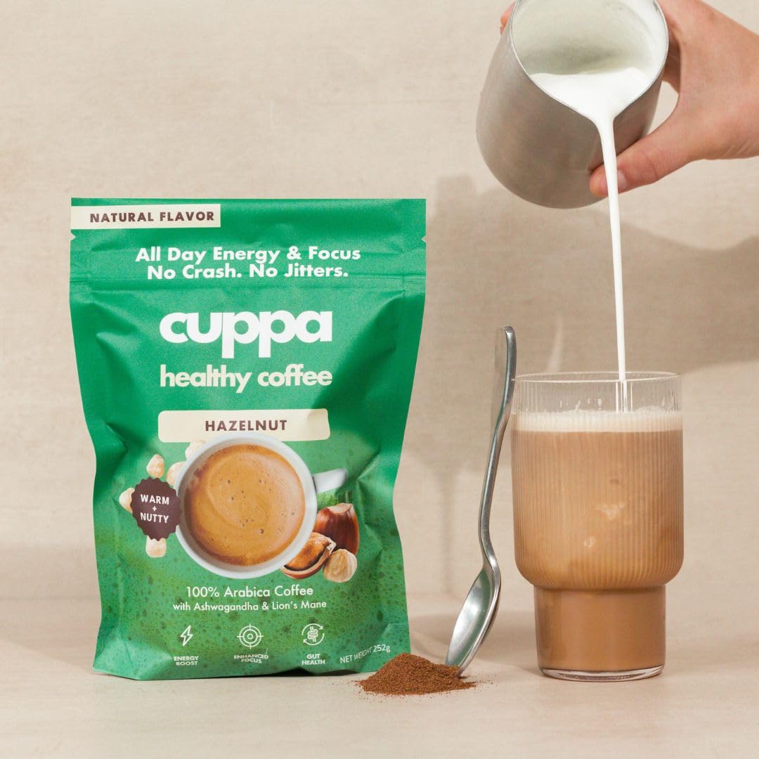 Cuppa Medium Roast Mushroom Coffee with Adaptogens & Superfoods - Lion’s Mane, Ashwagandha & Cordyceps. Adaptogens + MCT to support natural energy, mental focus & gut health (30 Servings)