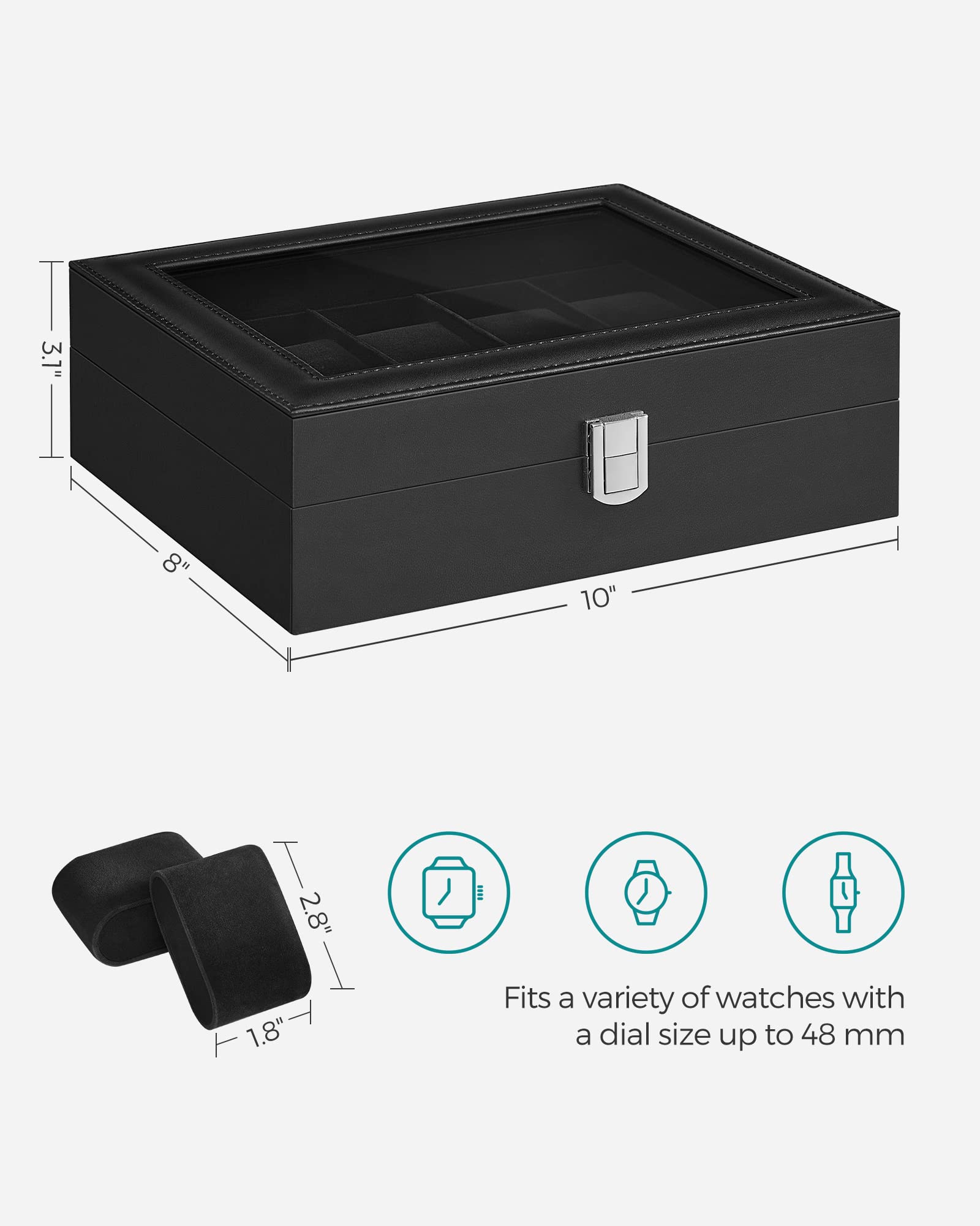 SONGMICS Watch Box, 12-Slot Watch Case Organizer with Large Glass Lid, Removable Pillows, Gift for Loved Ones, Black Synthetic Leather, Gray Lining UJWB12BK