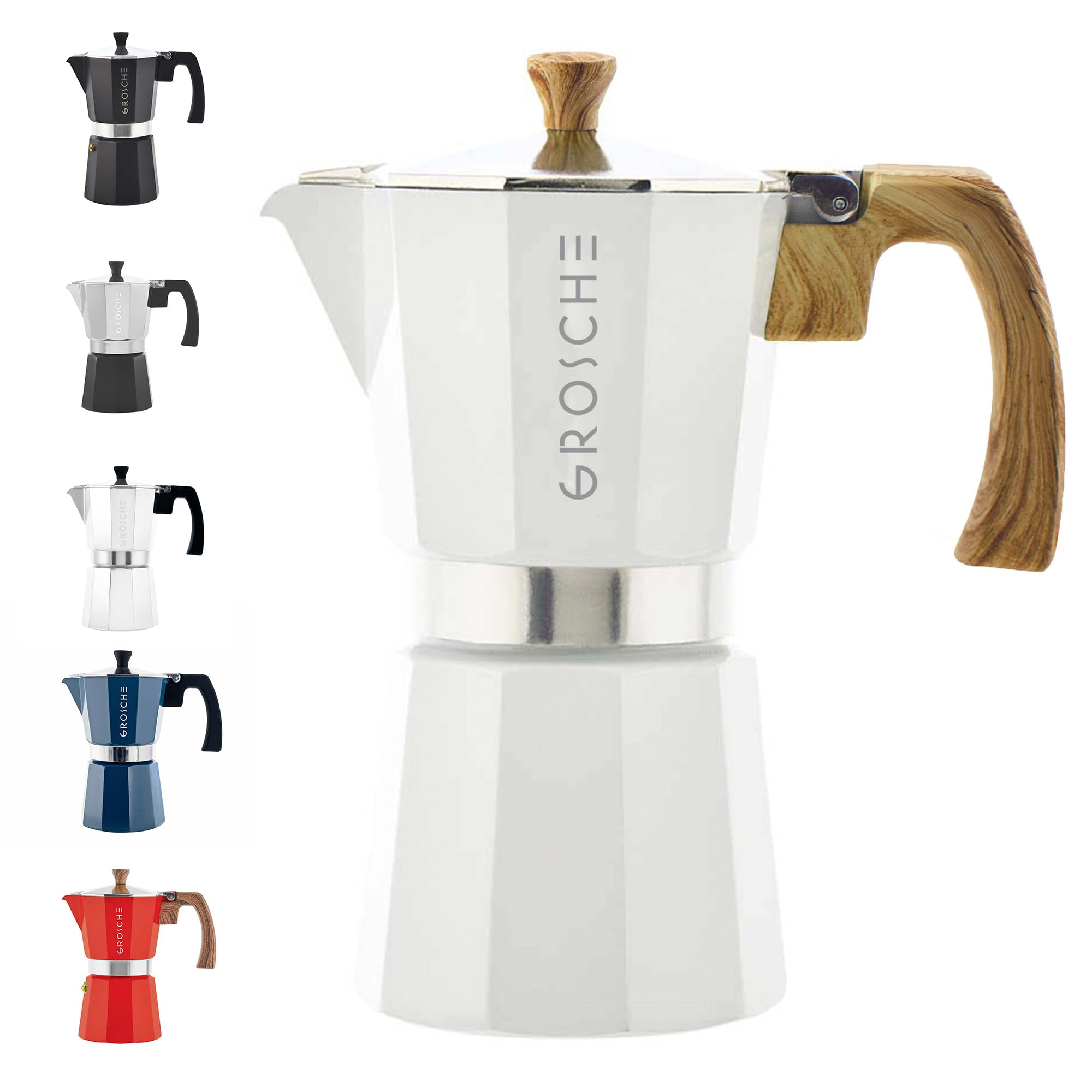 GROSCHE Milano Moka pot, Stovetop Espresso maker, Greca Coffee Maker, Stovetop coffee maker and espresso maker percolator (Grey, 6 cup)