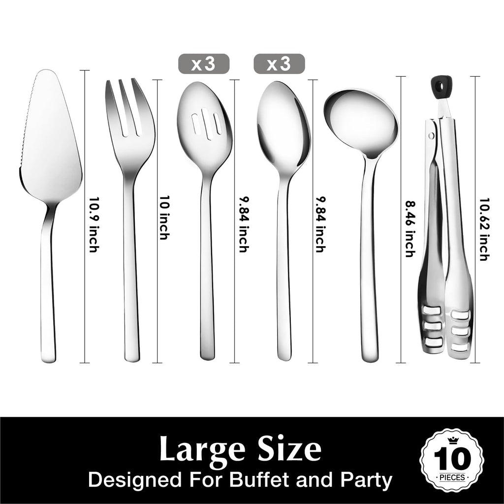 KINGSTONE Large Hostess Serving Utensils Set, 18/10 Stainless Steel Heavy Duty 10-inch Serving Utensils, Slotted Spoons, Forks, Tongs, Cake Pie Server for Buffet, Wedding, Party