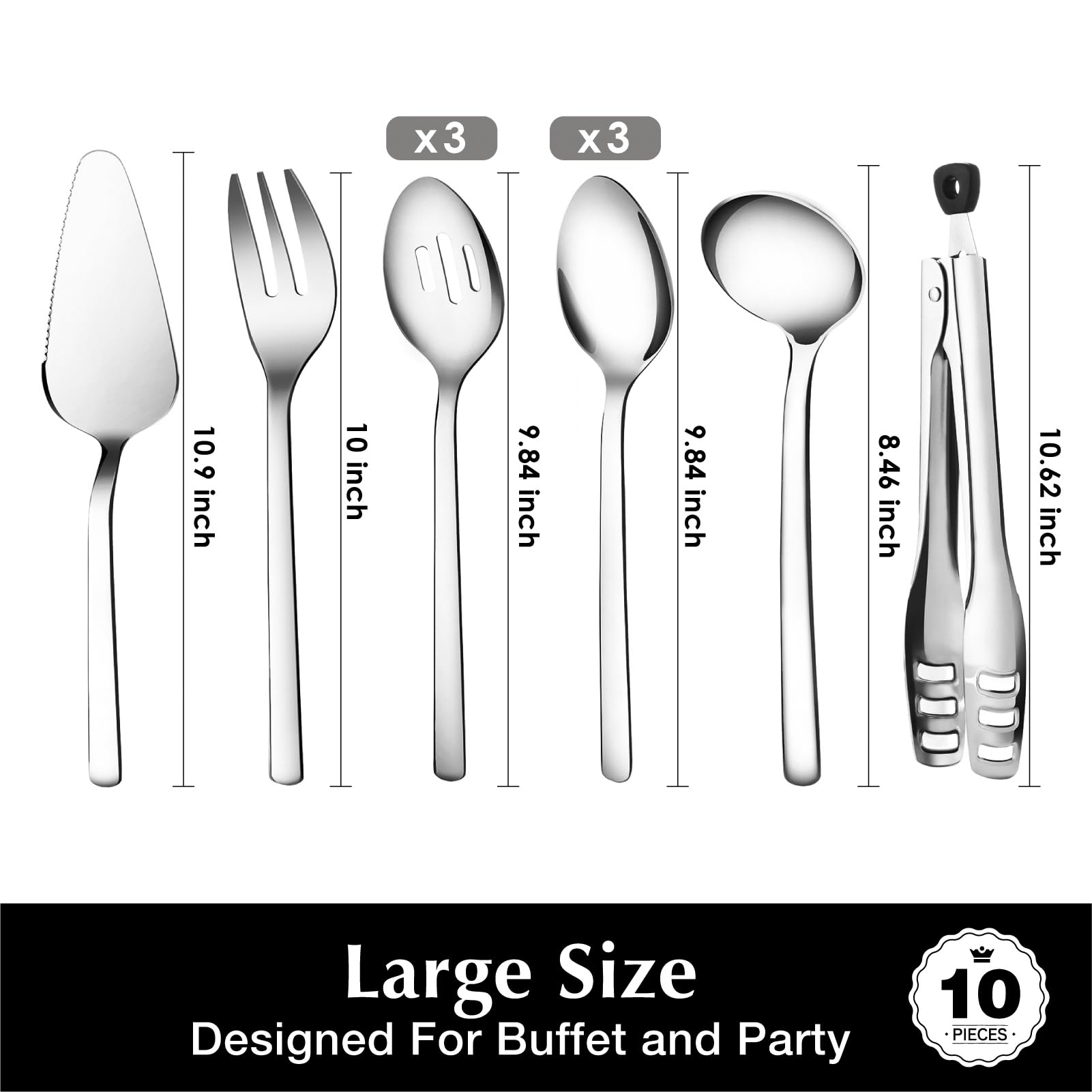 KINGSTONE Large Hostess Serving Utensils Set, 18/10 Stainless Steel Heavy Duty 10-inch Serving Utensils, Slotted Spoons, Forks, Tongs, Cake Pie Server for Buffet, Wedding, Party