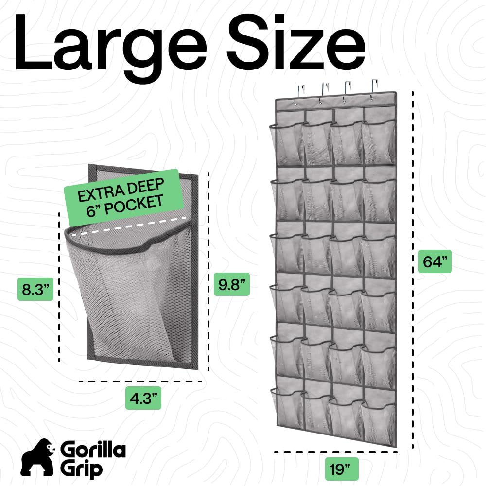 GORILLA GRIP Over the Door Shoe Organizer, 24 Large Breathable Mesh Pockets, Space Saving Hanging Storage Holder, Closet Rack Hanger Holds Up to 40 lbs, Hangs on Closets for Shoes, Accessories, Black