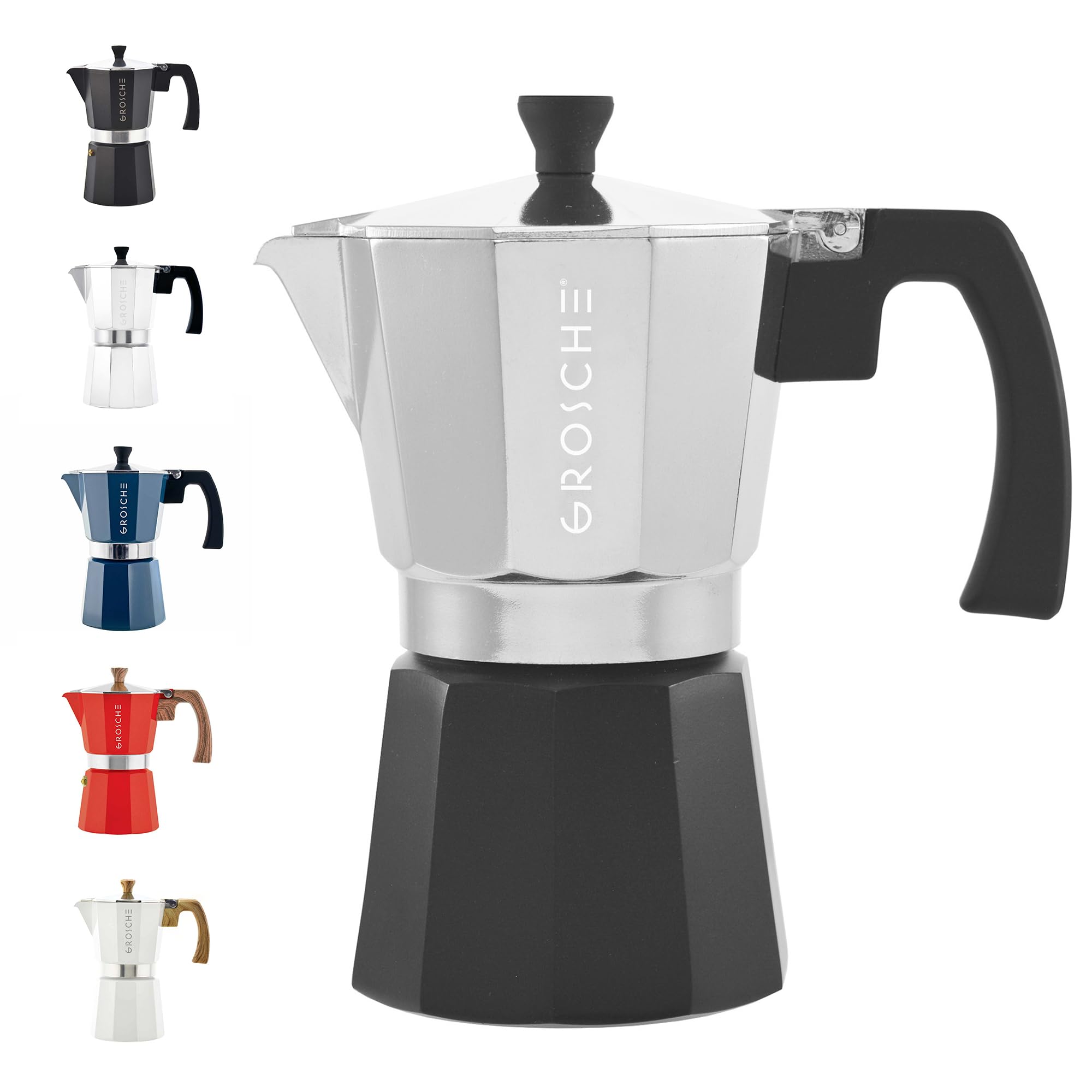 GROSCHE Milano Moka pot, Stovetop Espresso maker, Greca Coffee Maker, Stovetop coffee maker and espresso maker percolator (Grey, 6 cup)
