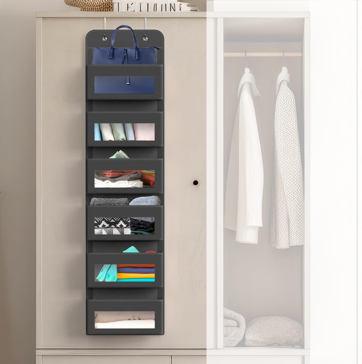Simple Houseware 6 Clear Window Pocket Over Closet Door Storage Hanging Organizer for Bedroom, Bathroom, Pantry, Beige