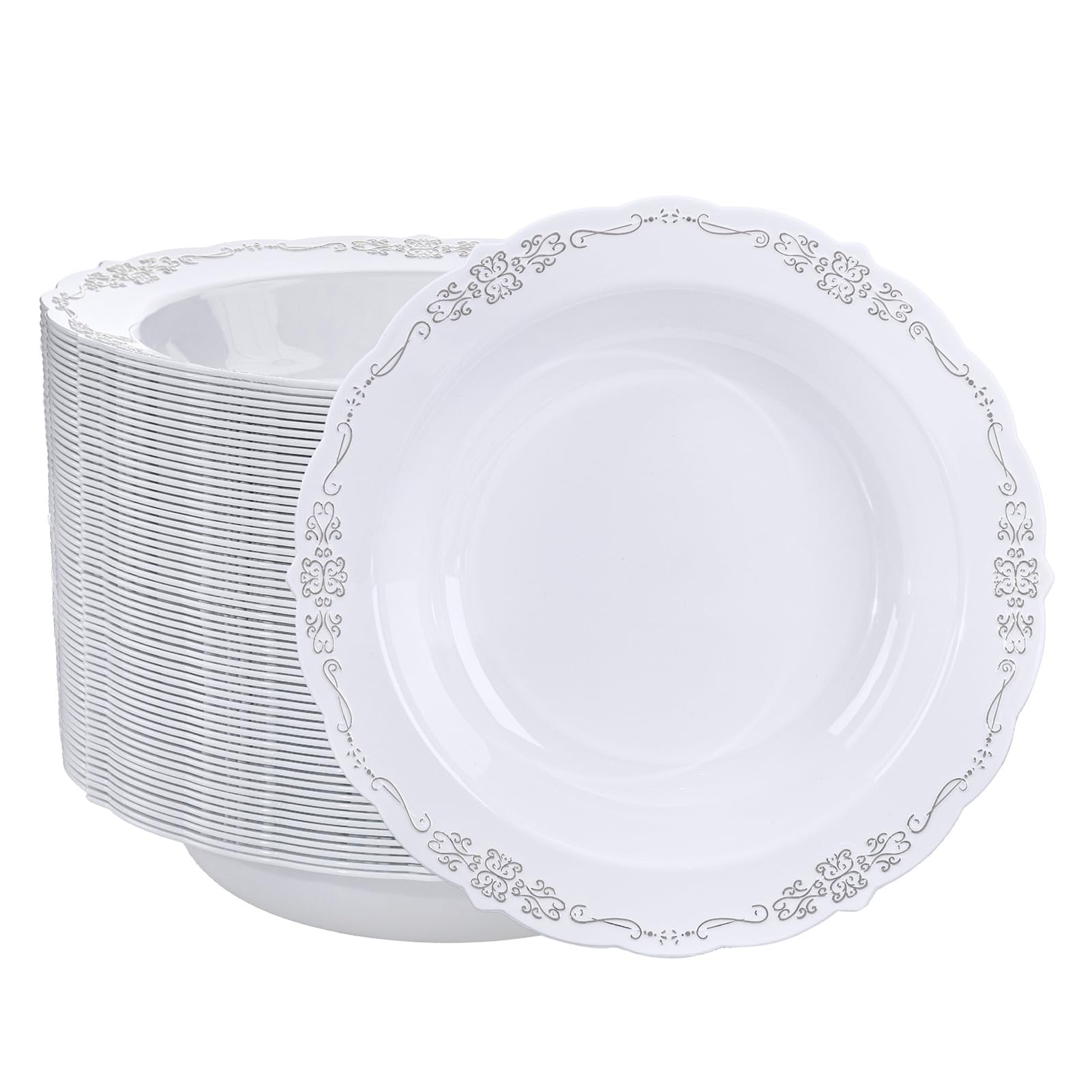 DaYammi 50 Pack White Plastic Bowls, 12oz Disposable Soup Bowls, White bowls Disposable Heavy Duty Dinner Bowls for Weddings, Salad Bowl for Parties, Dinners, Catering and Everyday Use