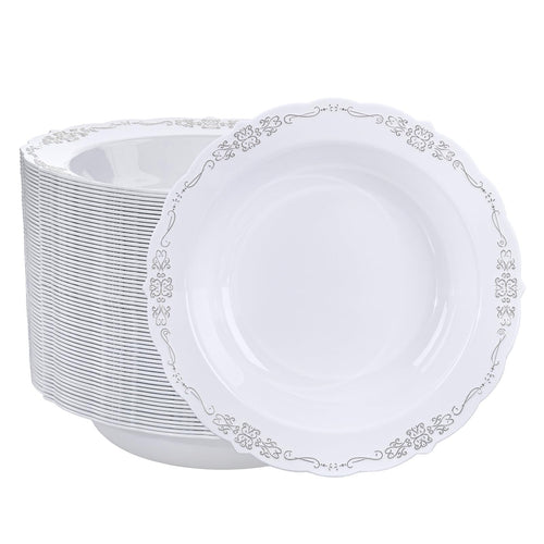 DaYammi 50 Pack White Plastic Bowls, 12oz Disposable Soup Bowls, White bowls Disposable Heavy Duty Dinner Bowls for Weddings, Salad Bowl for Parties, Dinners, Catering and Everyday Use