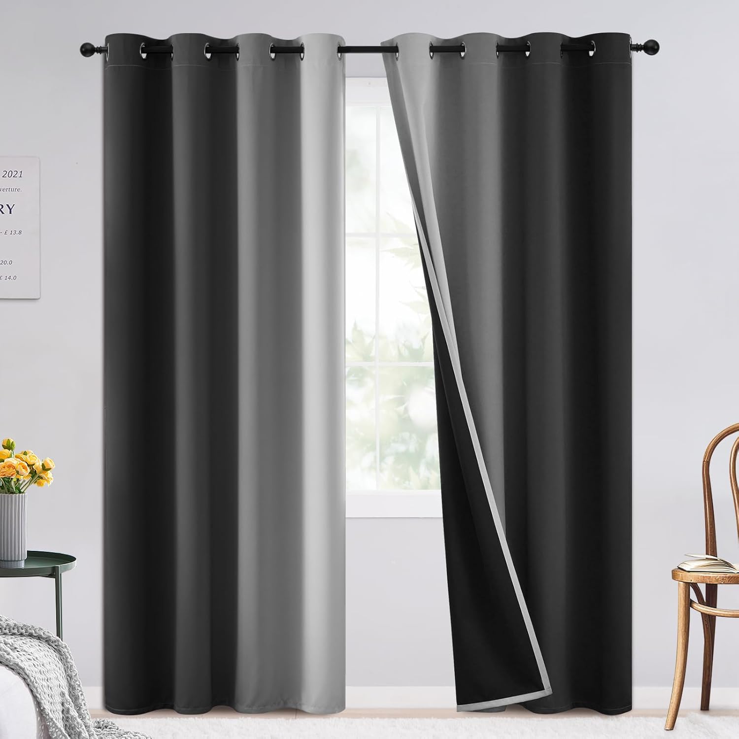 SimpleHome Ombre Room Darkening Curtains for Bedroom, Gradient Black to Grey White Light Blocking Thermal Insulated Grommet Window Curtain/Drapes for Living Room,2 Panels, 52x84 inches Length