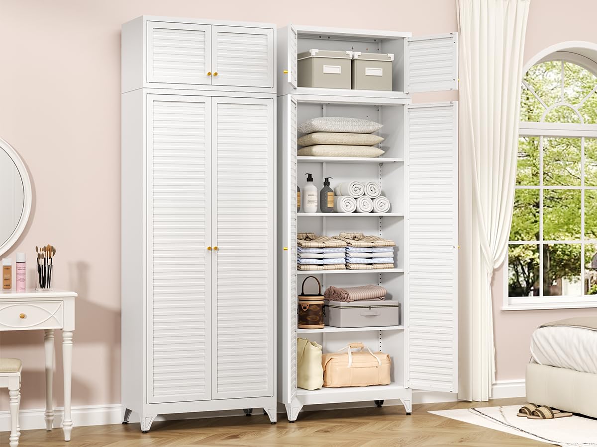 Polup White Kitchen Pantry Cabinet, 71 Inch Tall Metal Storage Cabinet with Doors and Shelves, Pantry Cabinets for Kitchen Storage, Freestanding Cupboard for Living, Dining Room, Assemble Required