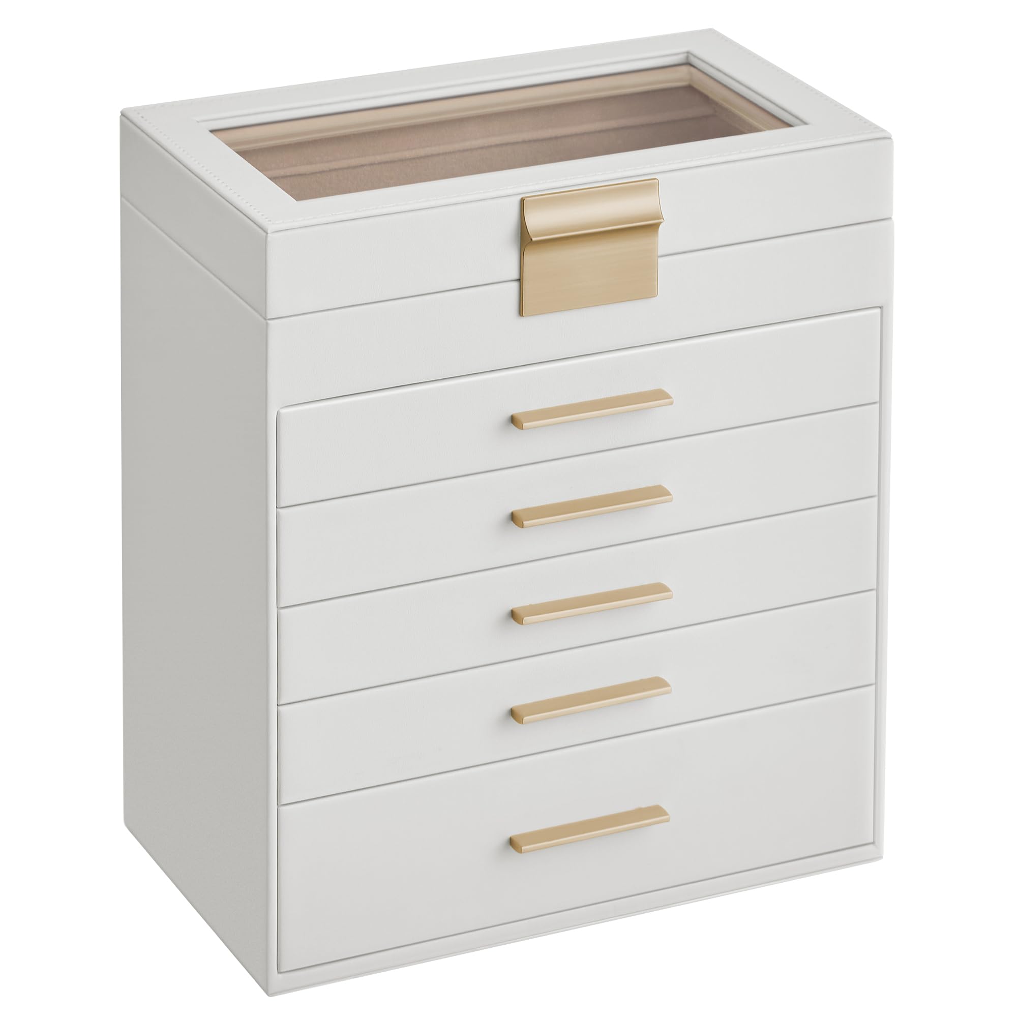 SONGMICS GISELLA Collection - Jewelry Box Organizer, 3-Layer Jewelry Storage with 2 Drawers, Shiny Metal Hardware, Glass Lid, Modern, 8 x 9.1 x 5.3 Inches, Cloud White and Gold Color UJBC239WT