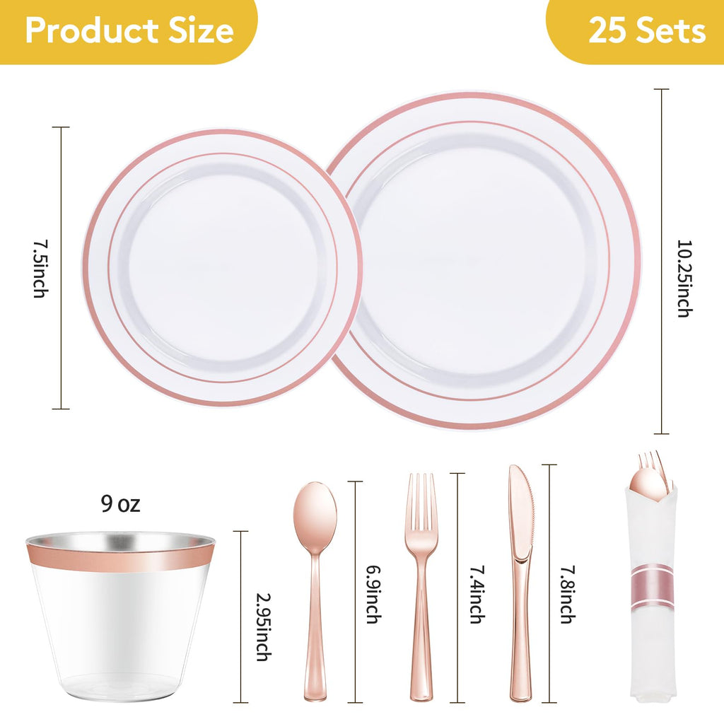 Goodluck 350 Piece Silver Plastic Dinnerware Set for 50 Guests, Fancy Disposable Plates for Party, Include: 50 Dinner Plates, 50 Dessert Plates, 50 Pre Rolled Napkins with Silver Silverware, 50 Cups