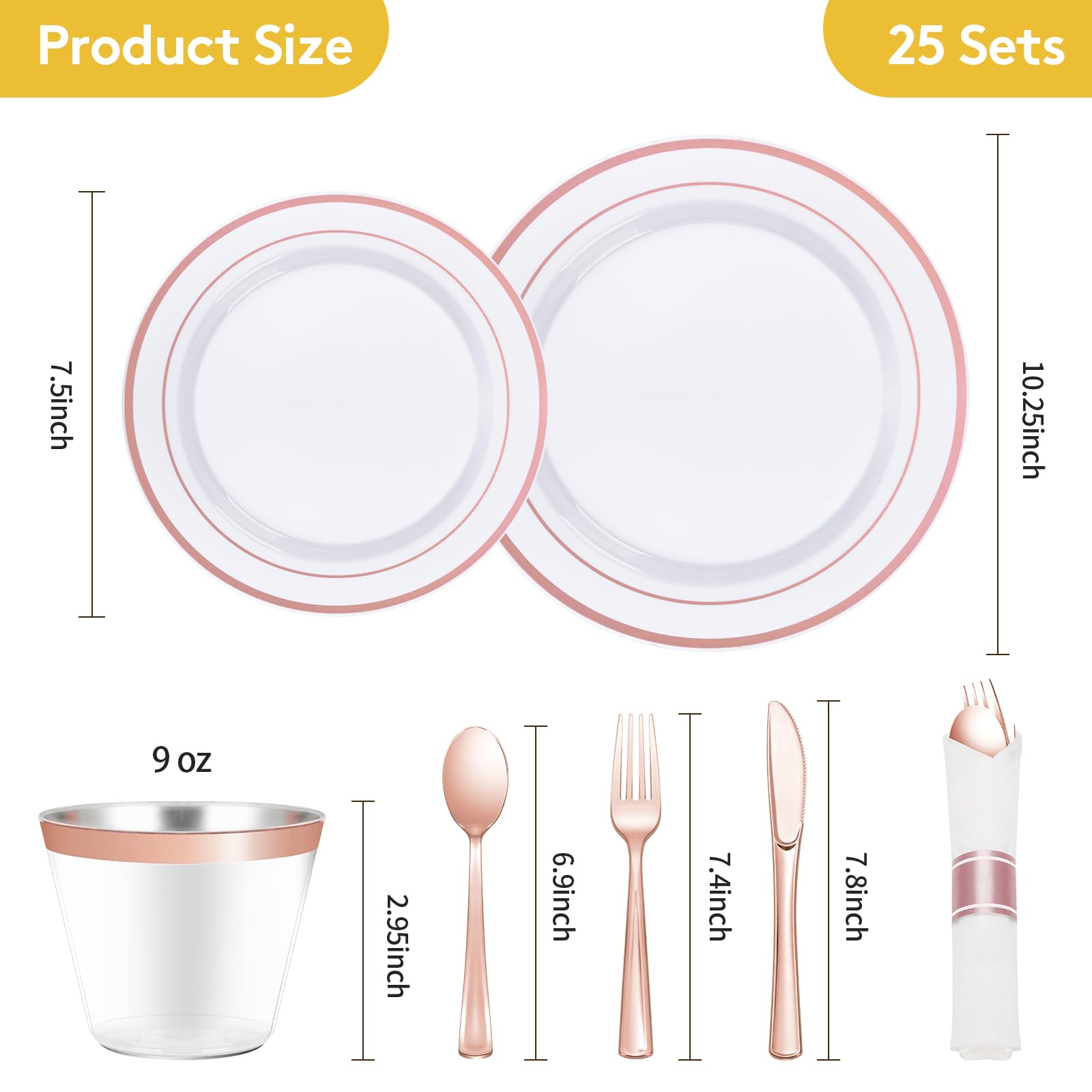 Goodluck 350 Piece Silver Plastic Dinnerware Set for 50 Guests, Fancy Disposable Plates for Party, Include: 50 Dinner Plates, 50 Dessert Plates, 50 Pre Rolled Napkins with Silver Silverware, 50 Cups