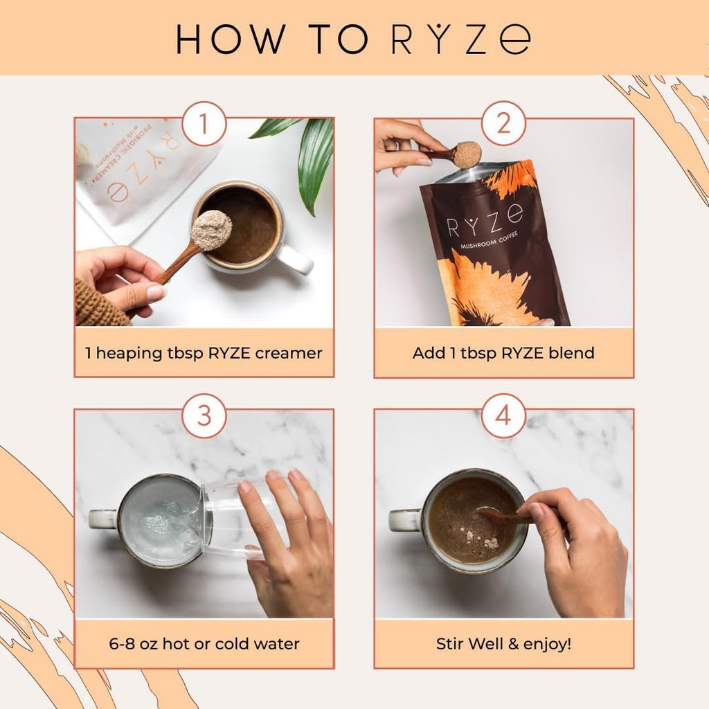 RYZE SUPERFOODS Mushroom Medium Roast Coffee Starter Kit, USDA Organic Instant Coffee with 6 Adaptogenic Mushrooms and for Energy, Focus, Digestion, Immunity with Lions Mane & Turkey Tail 60 Serving