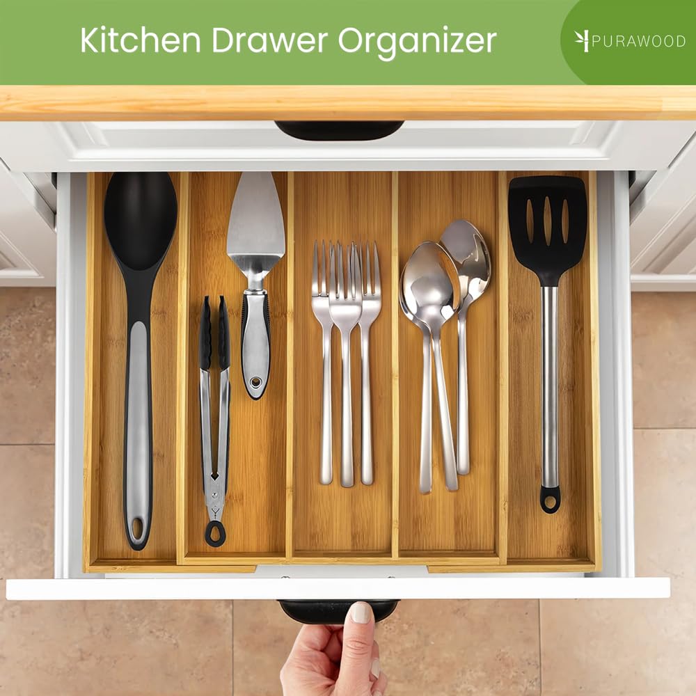 Purawood Bamboo Drawer Organizer - Expandable Silverware Organizer & Utensil Drawer Organizer, Cutlery Tray with Dividers, 7-9 Slots- Kitchen Organizer for Utensils & Flatware (Natural)
