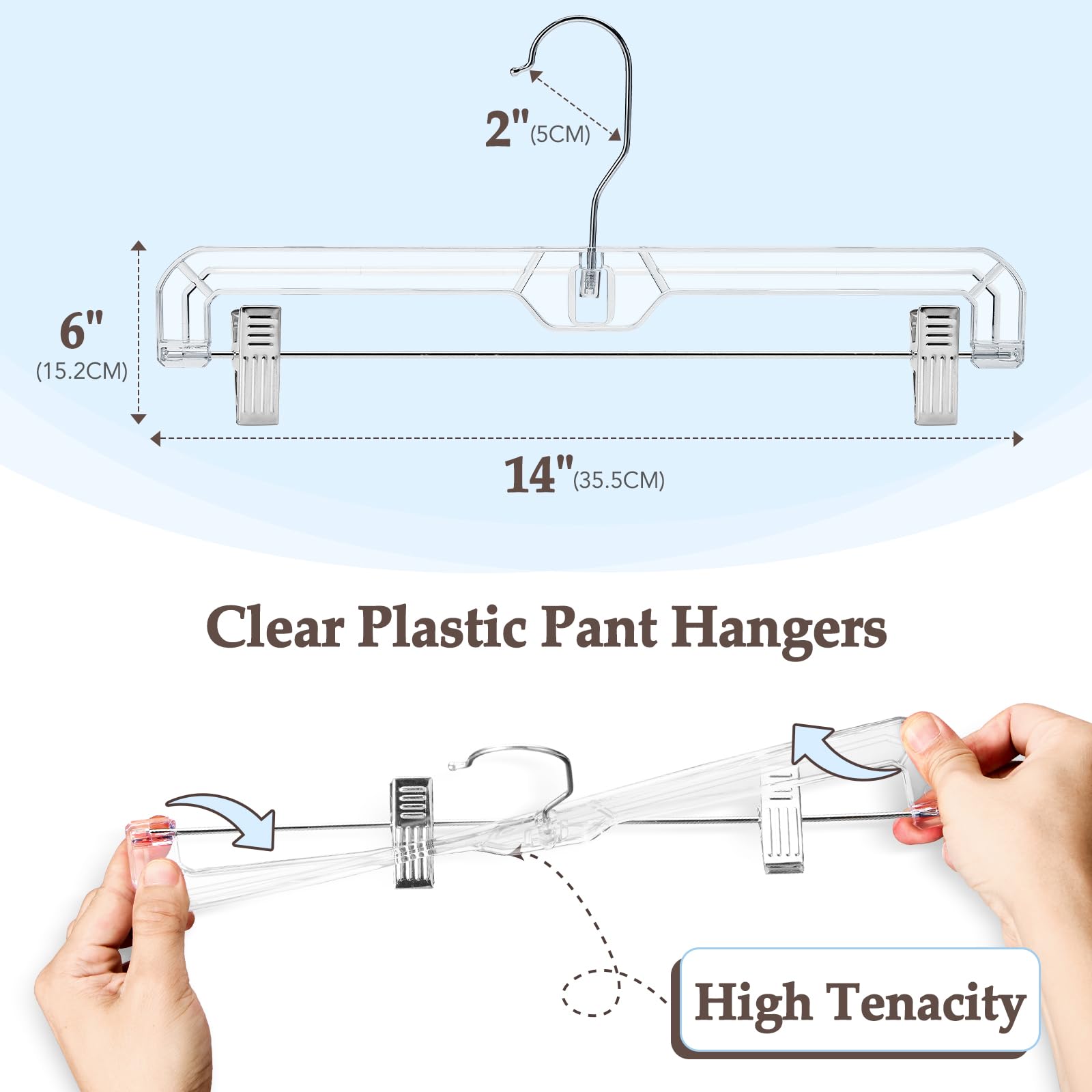 HOUSE DAY 50 Pack 14 inch Clear Plastic Pants Hangers with Clips, Skirt Hangers, Clip Hangers for Pants, Trouser Bulk Plastic Pant Hangers