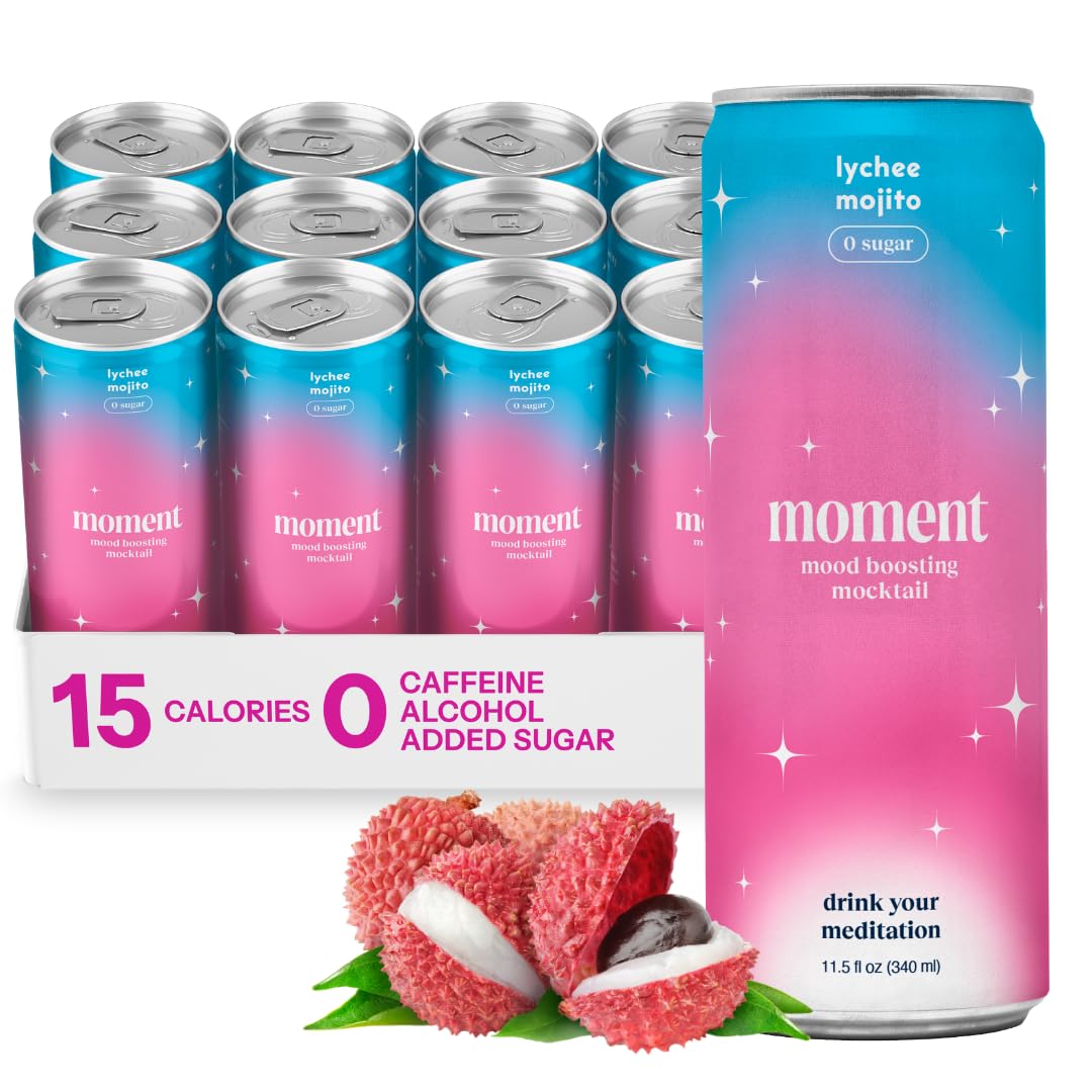 Moment Mocktails Non-Alcoholic Drinks (Shark Tank) - Calm, Clarity & Relaxation with L-Theanine & Ashwagandha - Sparkling Adaptogen Drink - 0 Sugar 0 Caffeine - 12 Pack 11.5 fl oz - Classics