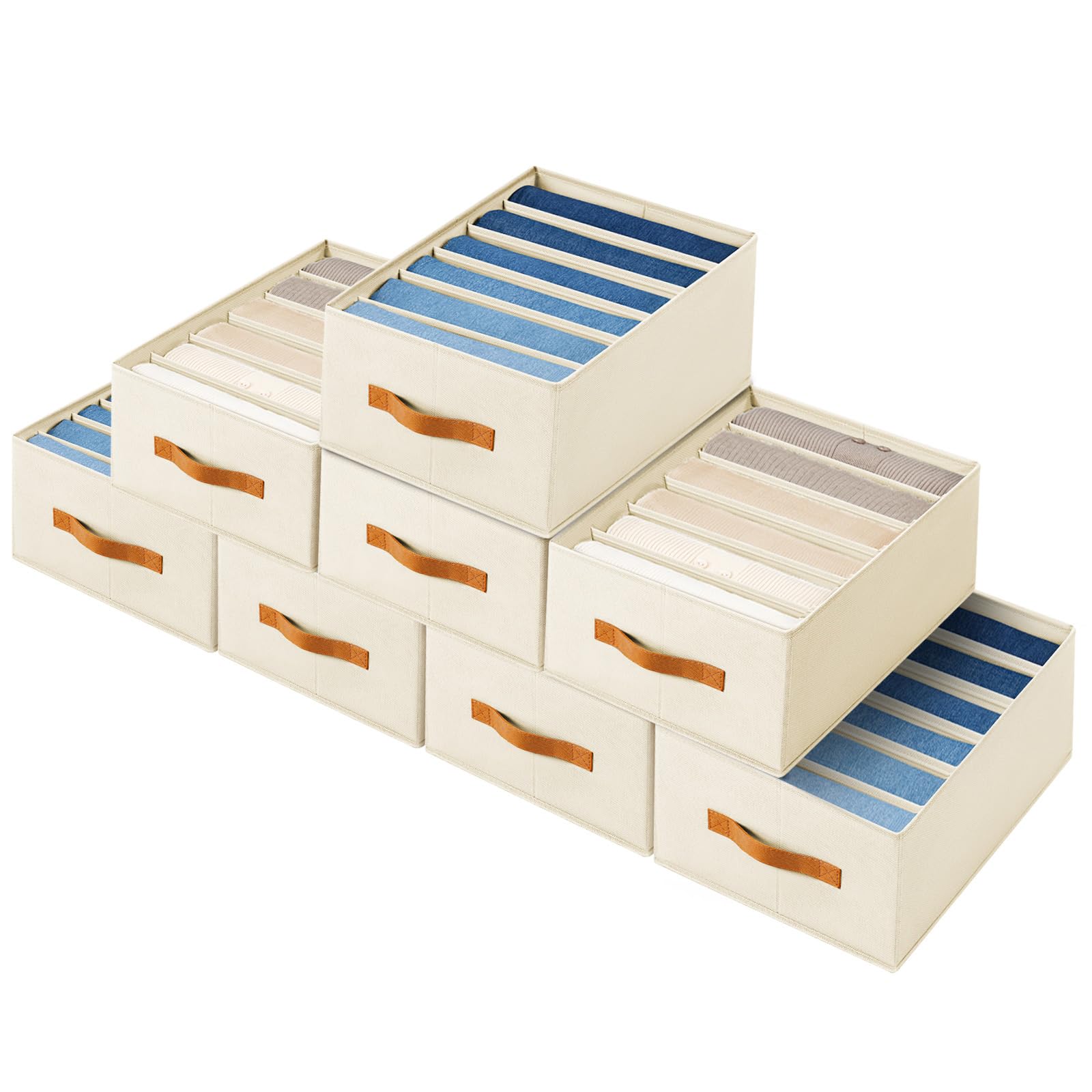 Homsorout Clothes Organizers and Storage - 4/5/7 Grids Fabric Jeans Organizer with Handles, Foldable Closet Organizers Dividers, Wardrobe organizer for Pant, Sweater, T-shirt, Scarf, 6 Pack, Beige
