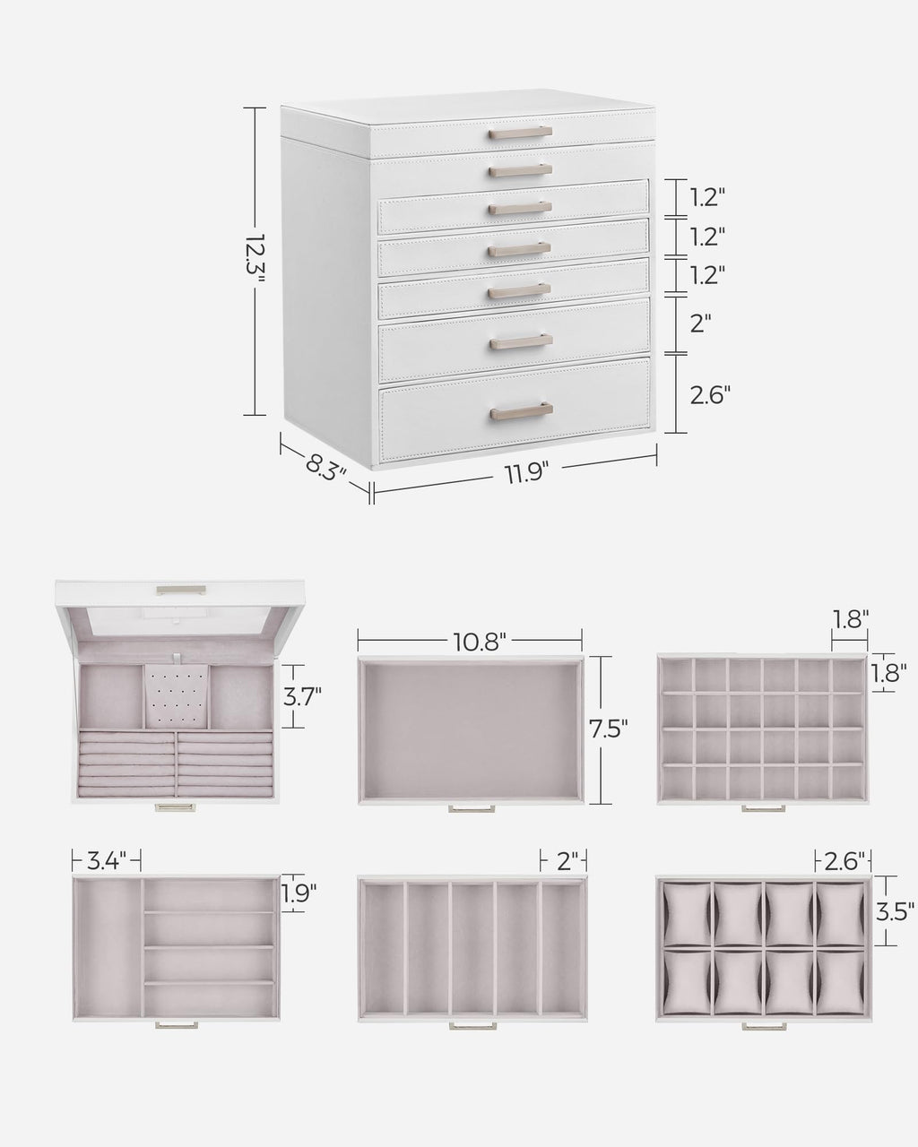 SONGMICS 3-Tier Jewelry Box, Travel Jewelry Case with Handle, 2 Drawers, Lockable Jewelry Organizer with Mirror, Jewelry Storage, Modern Style, Gift for Loved Ones, White UJBC154W01
