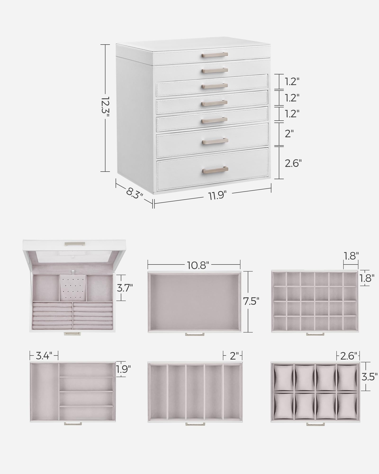 SONGMICS 3-Tier Jewelry Box, Travel Jewelry Case with Handle, 2 Drawers, Lockable Jewelry Organizer with Mirror, Jewelry Storage, Modern Style, Gift for Loved Ones, White UJBC154W01