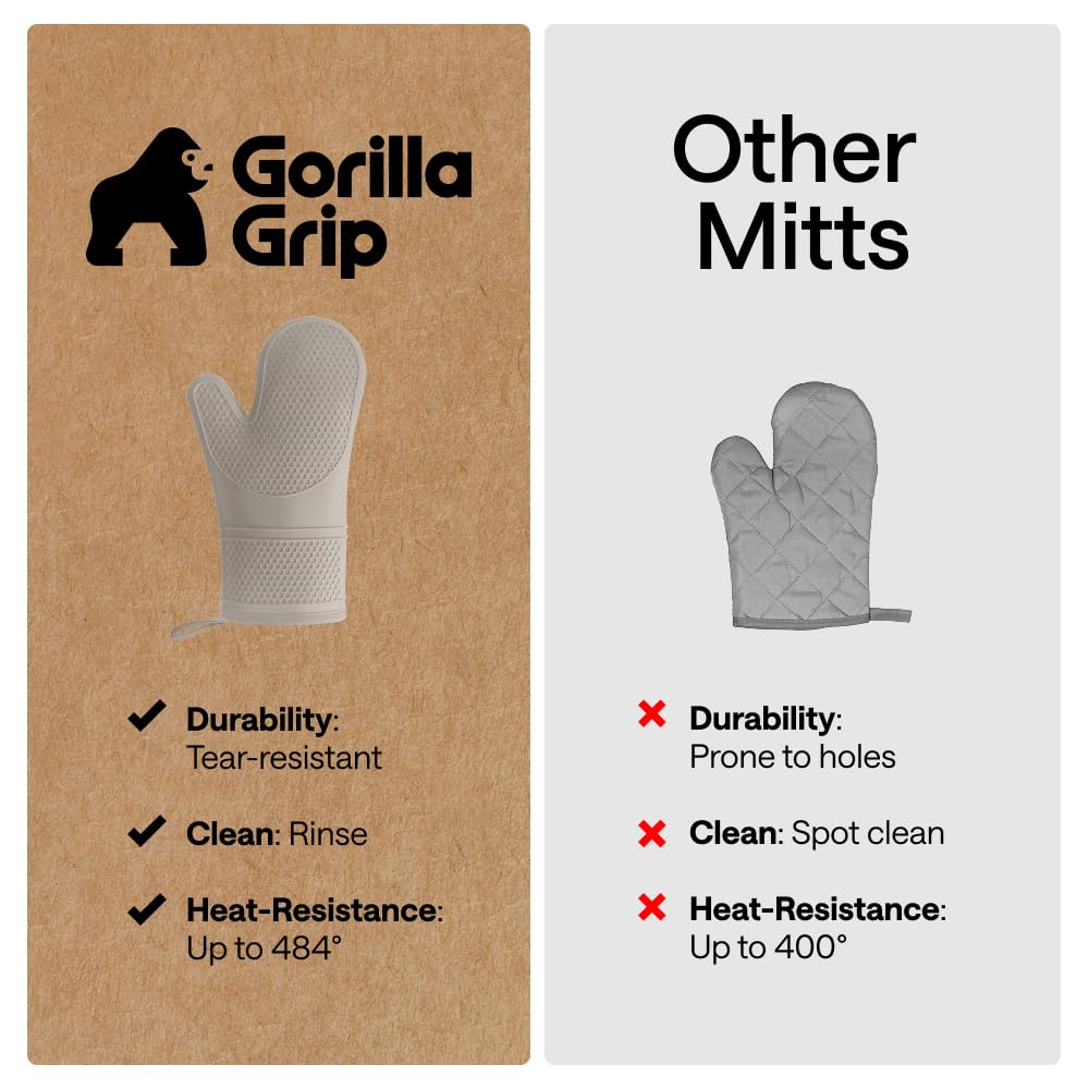 GORILLA GRIP BPA-Free Soft Silicone Oven Mitts, Heat Resistant and Waterproof Cooking Safety Gloves, Thick Cotton Lining, Flexible Gripping, Kitchen Potholders Set, for Grilling, BBQ, 12.5x8.3, Black