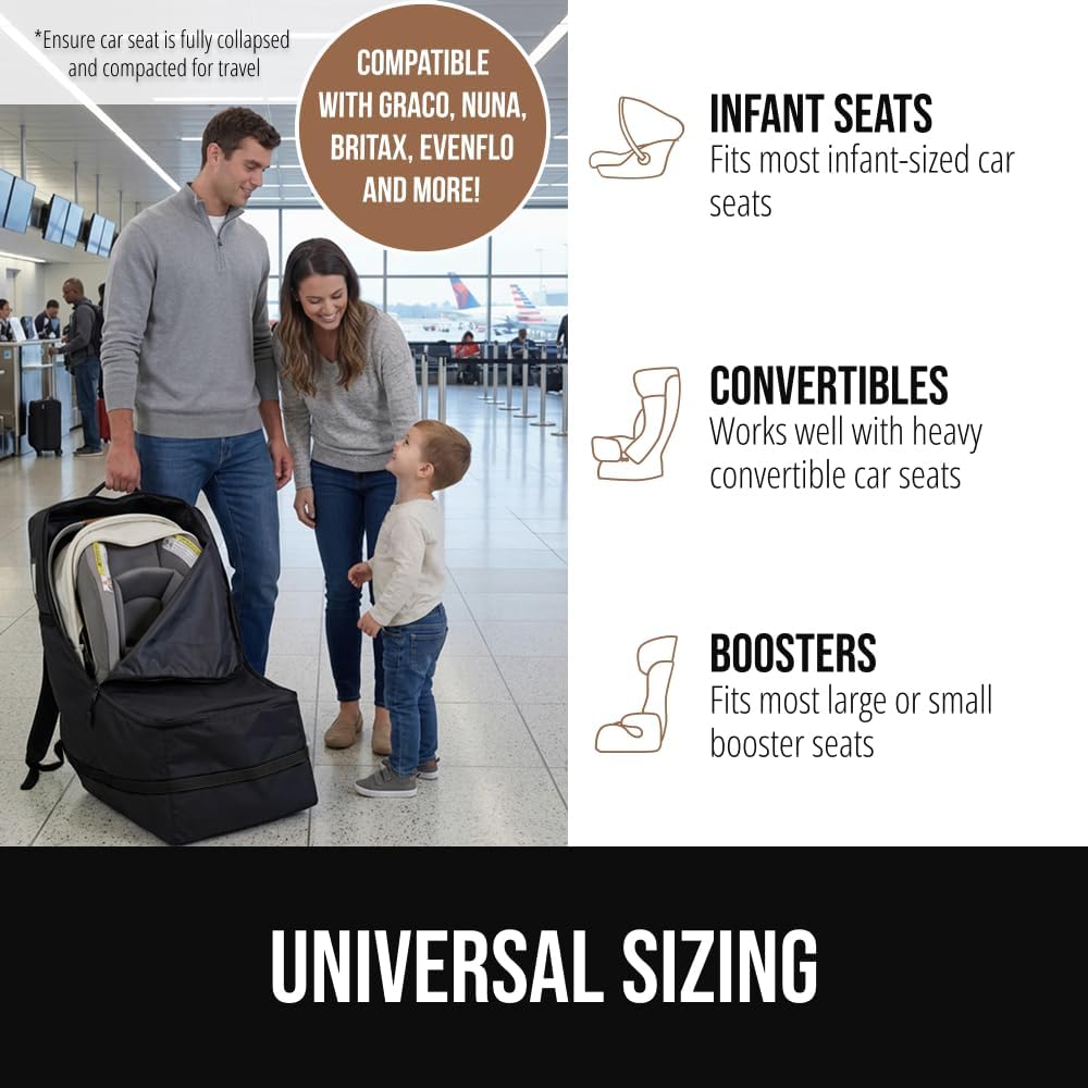 GORILLA GRIP Tear and Water Resistant Padded Car Seat Travel Bag for Airplane and Airport, Universal Fit Baby Carseat Bags, Holds Up to 50lbs, Handle & Shoulder Straps, Air Gate Check Carrier, Black